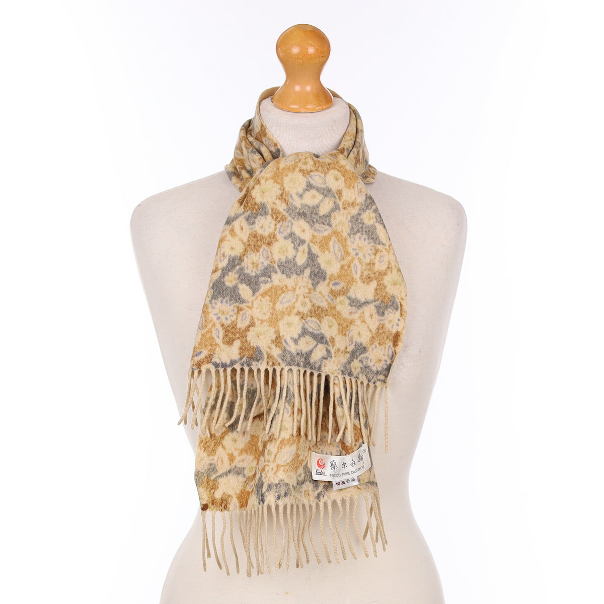 Grey And Beige Floral Cashmere Woven Scarf
