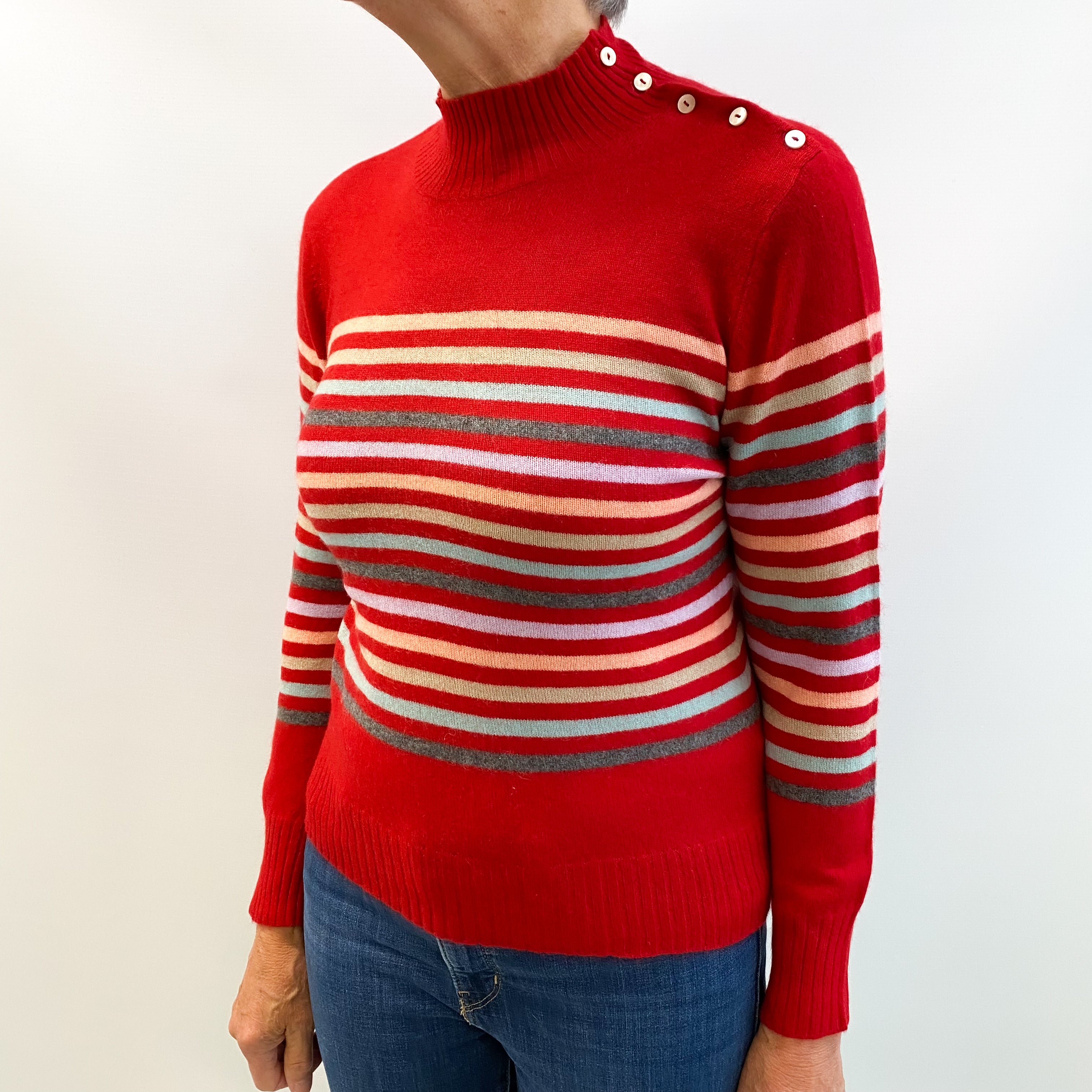 Scarlet Red Striped Cashmere Turtle Neck Jumper Medium