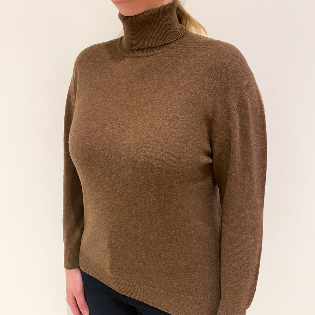 Mocha Brown Cashmere Polo Neck Jumper Large