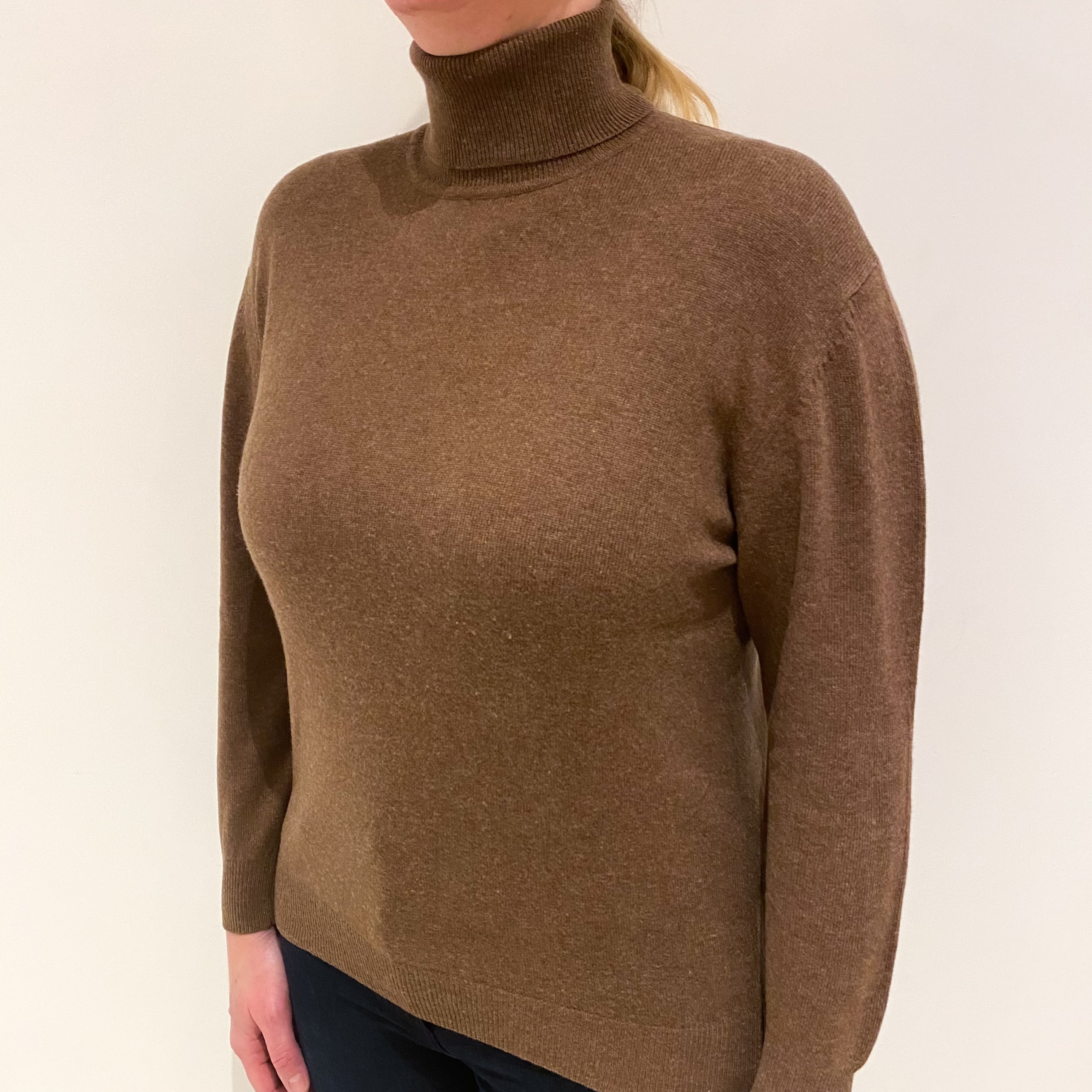 Mocha Brown Cashmere Polo Neck Jumper Large