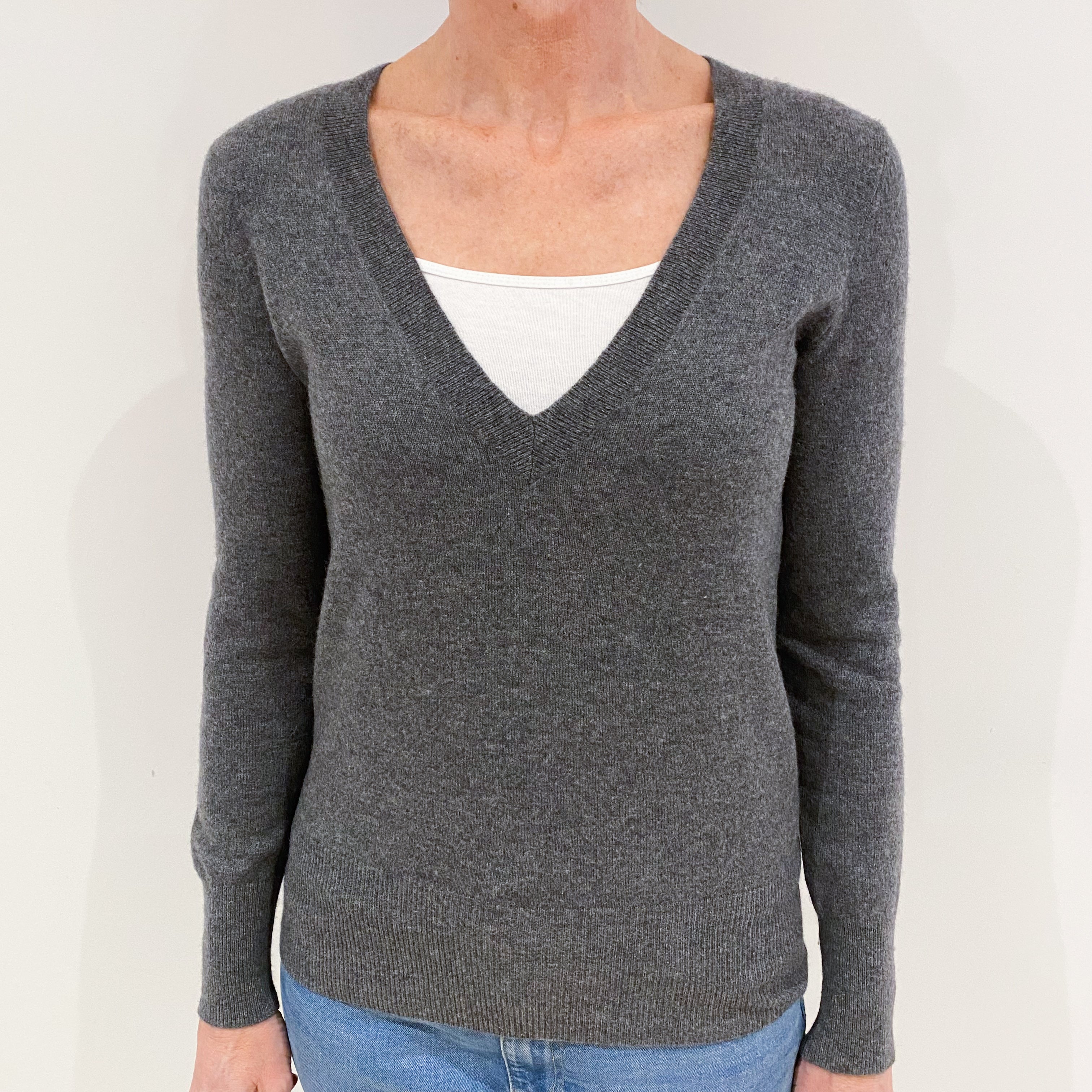 Slate Grey Cashmere Deep V Neck Jumper Small