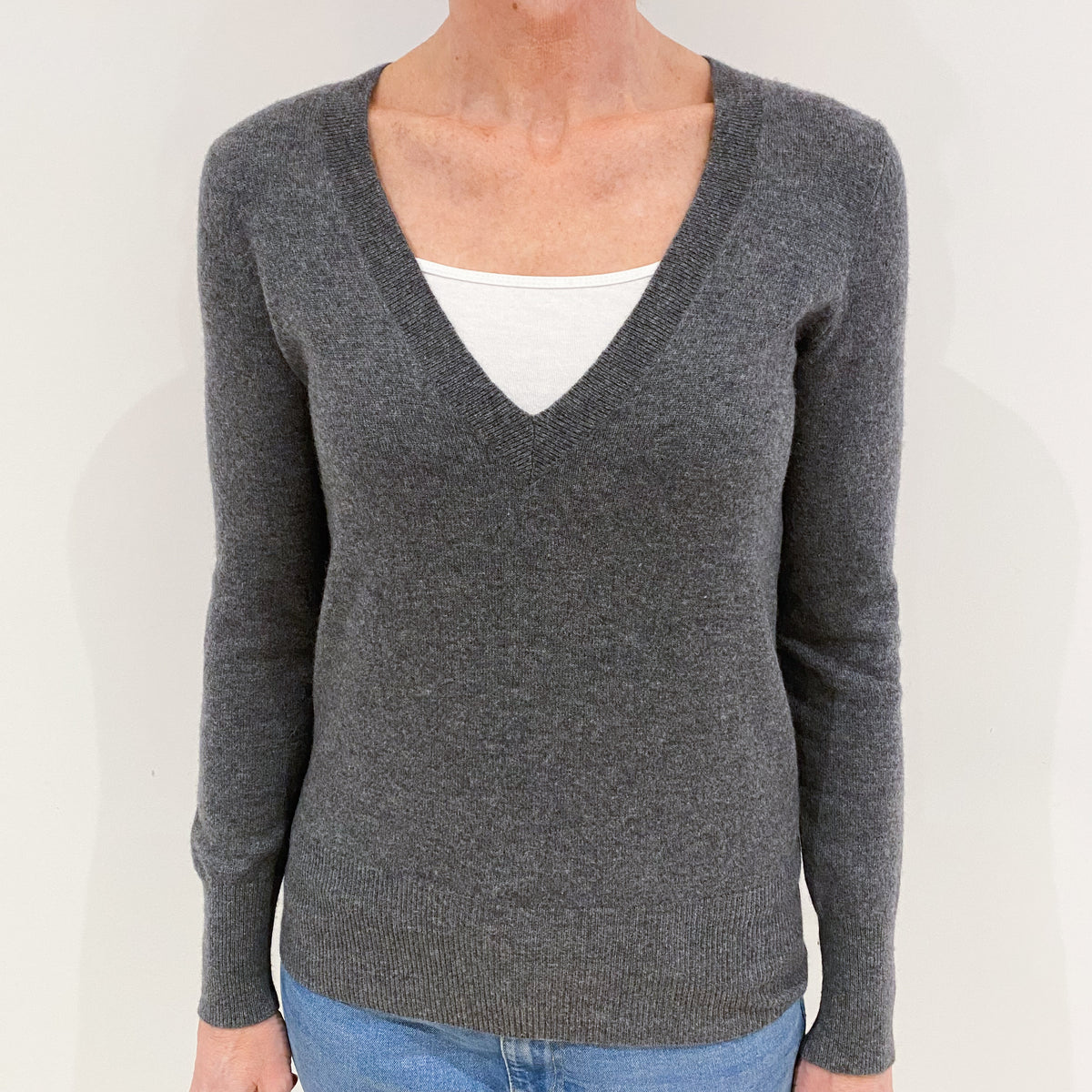 Slate Grey Cashmere Deep V Neck Jumper Small