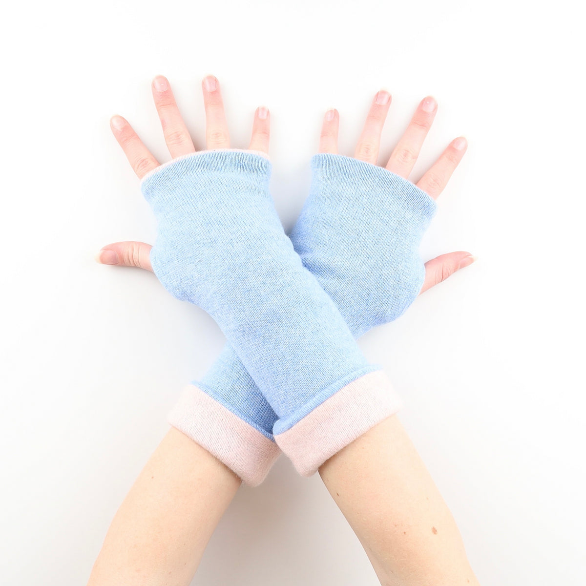 Sky Blue and Pale Pink Reversible Luxury Cashmere Fingerless Gloves