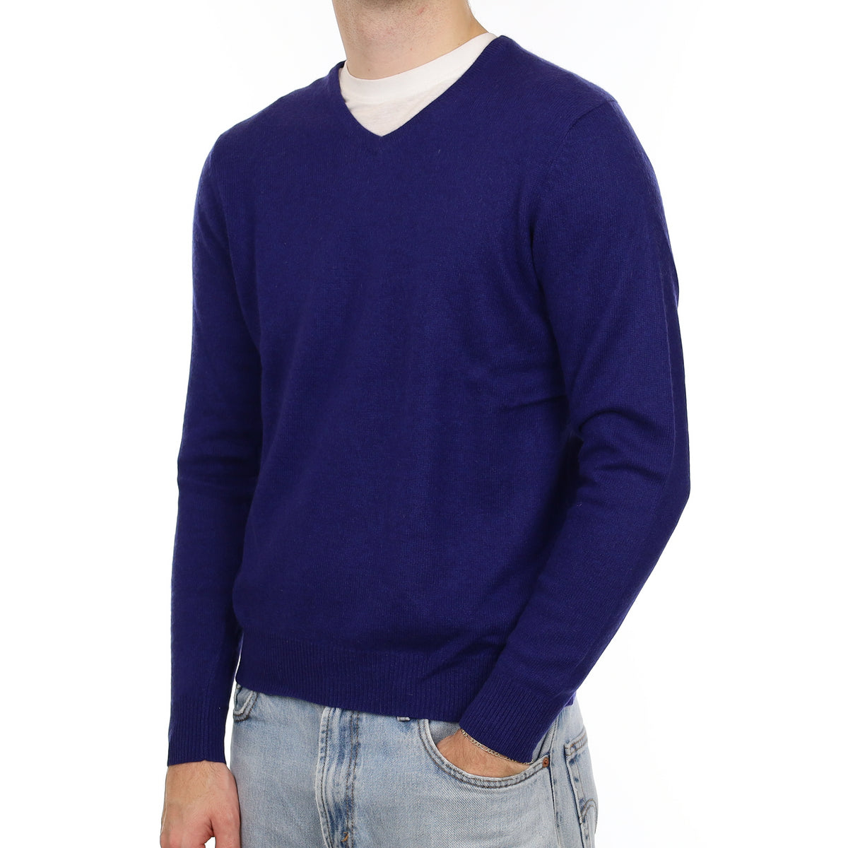 Men's Indigo Blue Cashmere V Neck Jumper Medium
