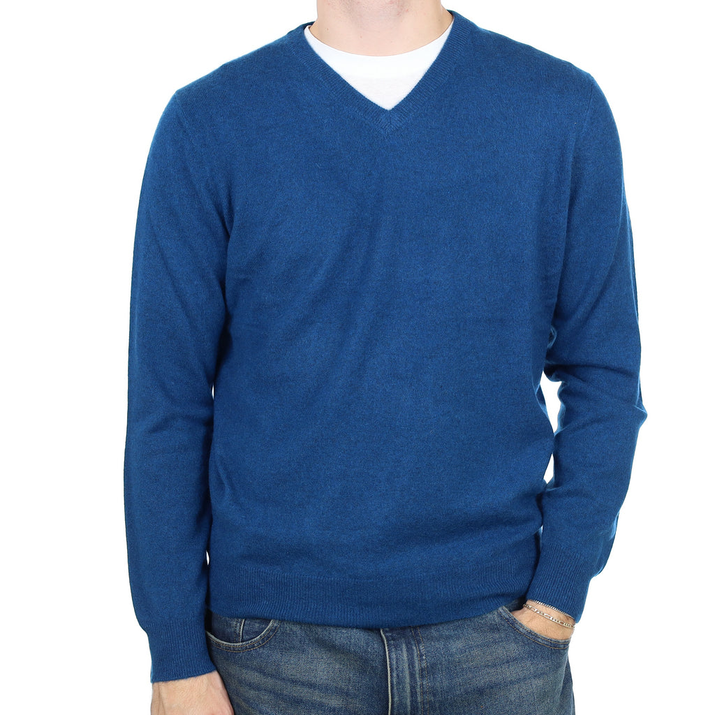 Men’s Deep Ocean Blue Cashmere V Neck Jumper Large