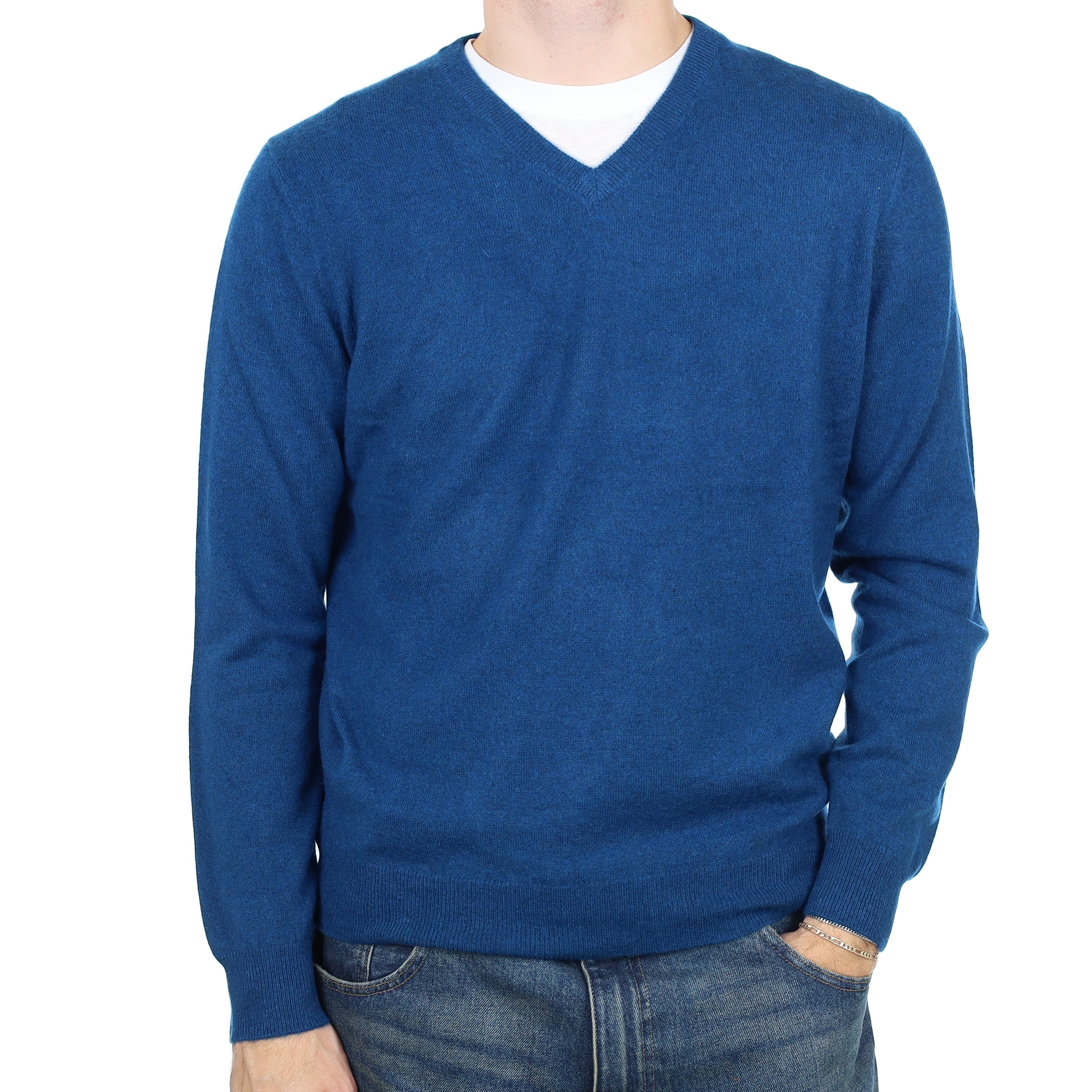 Men’s Deep Ocean Blue Cashmere V Neck Jumper Large