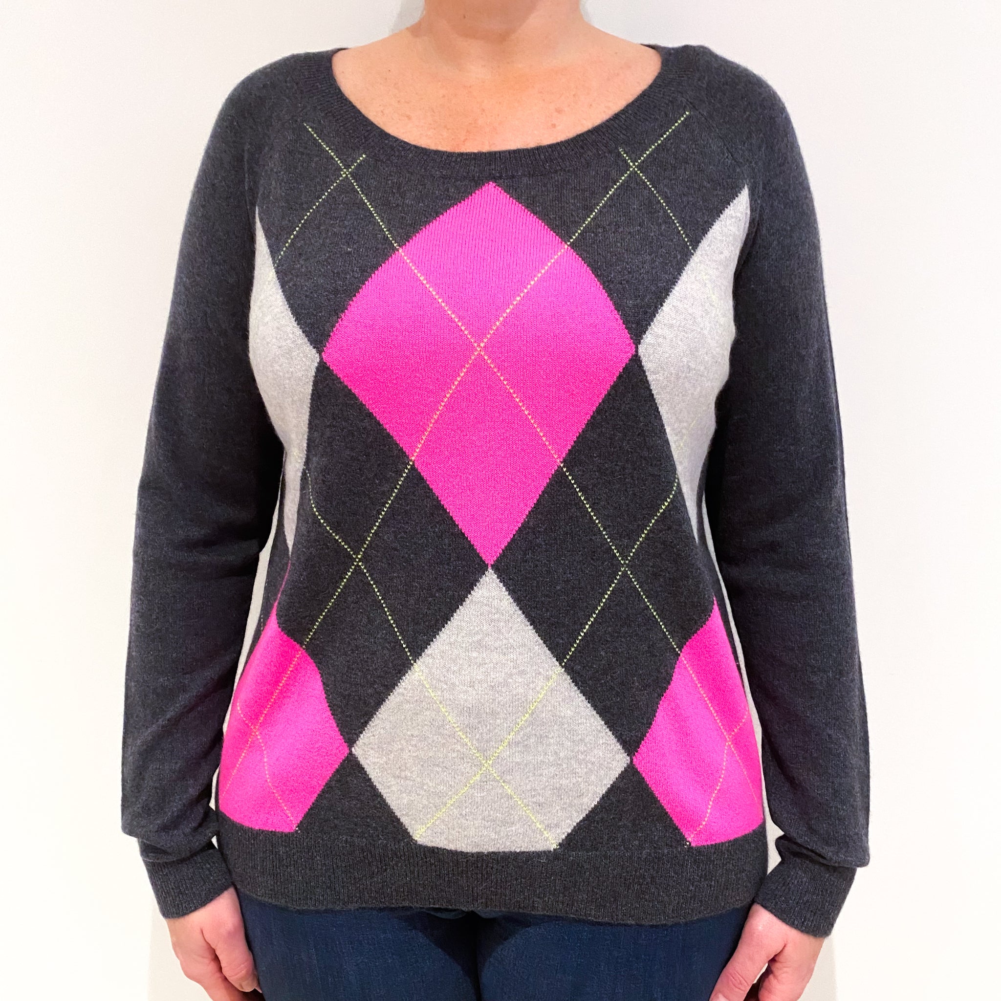 Charcoal Grey Pink Argyle Cashmere Crew Neck Jumper Large