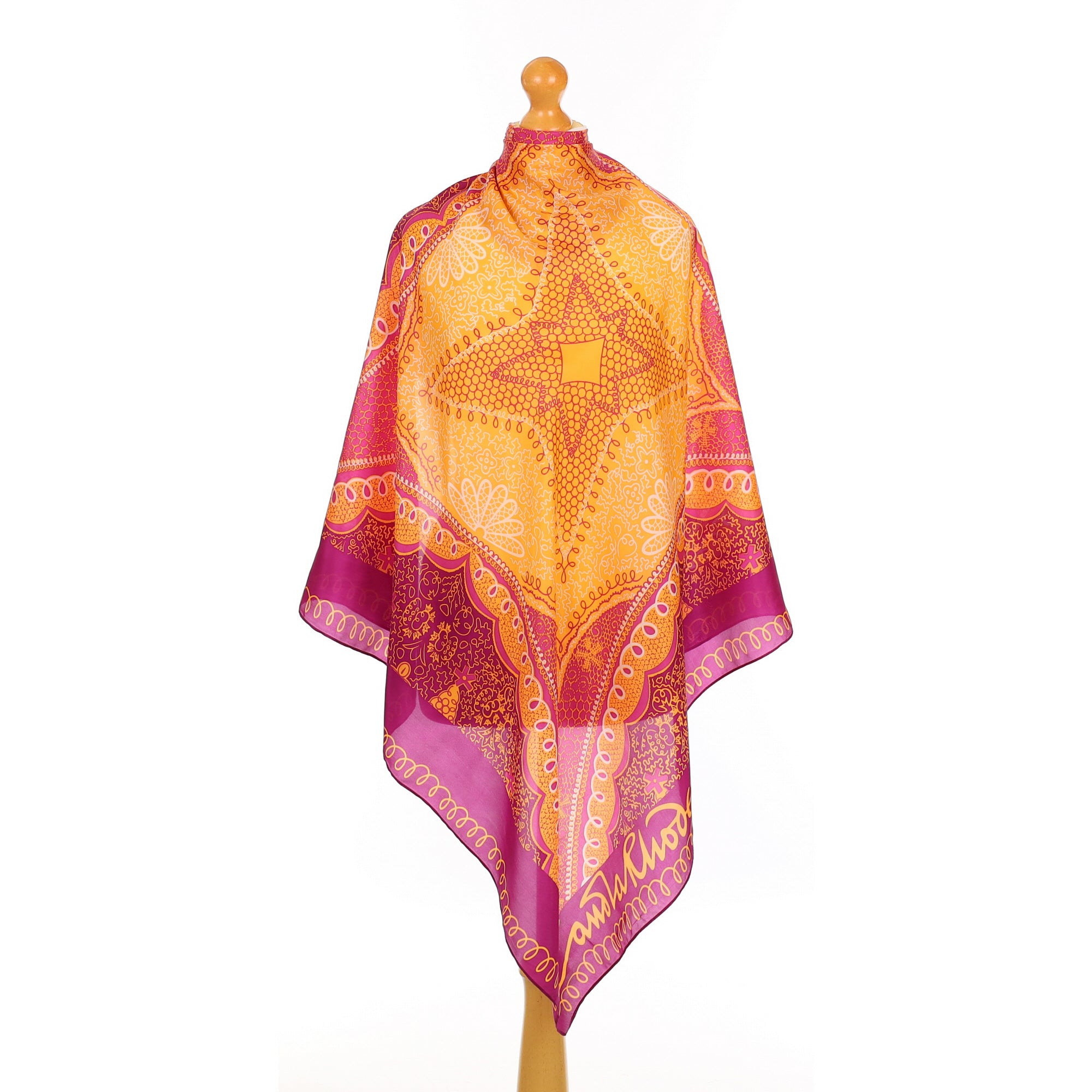 Magenta and Orange Patterned Silk Scarf
