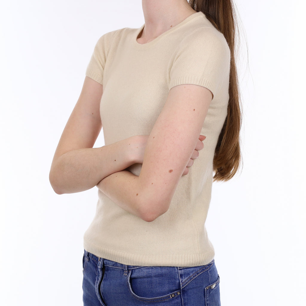 Ivory Cashmere Short Sleeved Crew Neck Jumper Extra Small