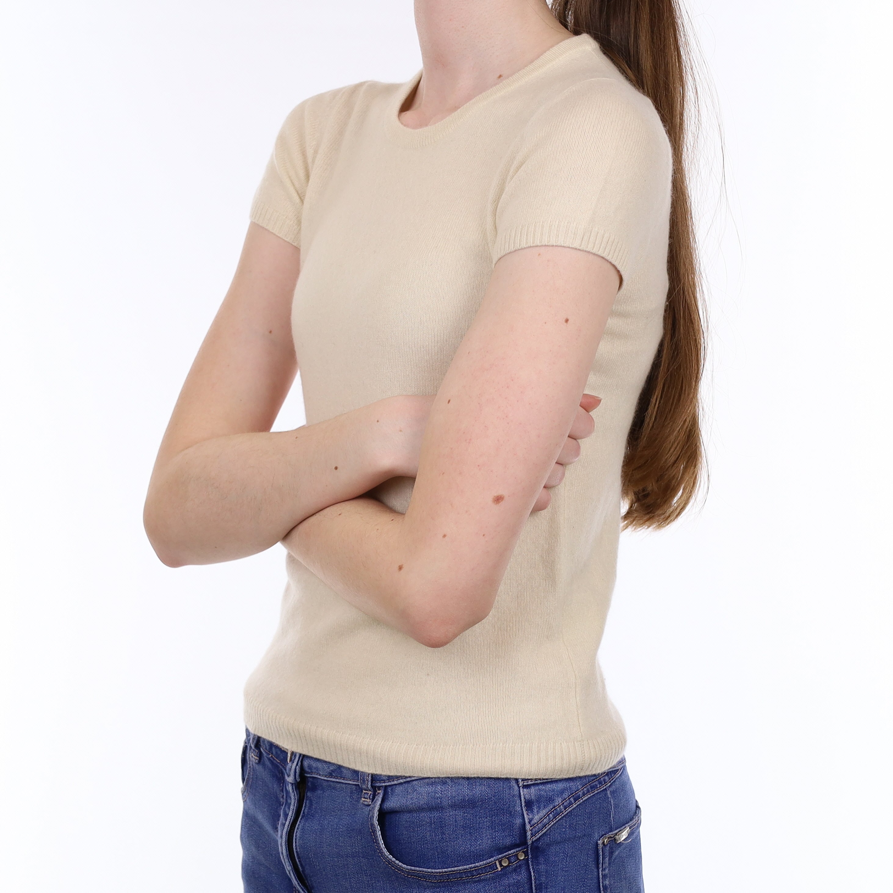 Ivory Cashmere Short Sleeved Crew Neck Jumper Extra Small