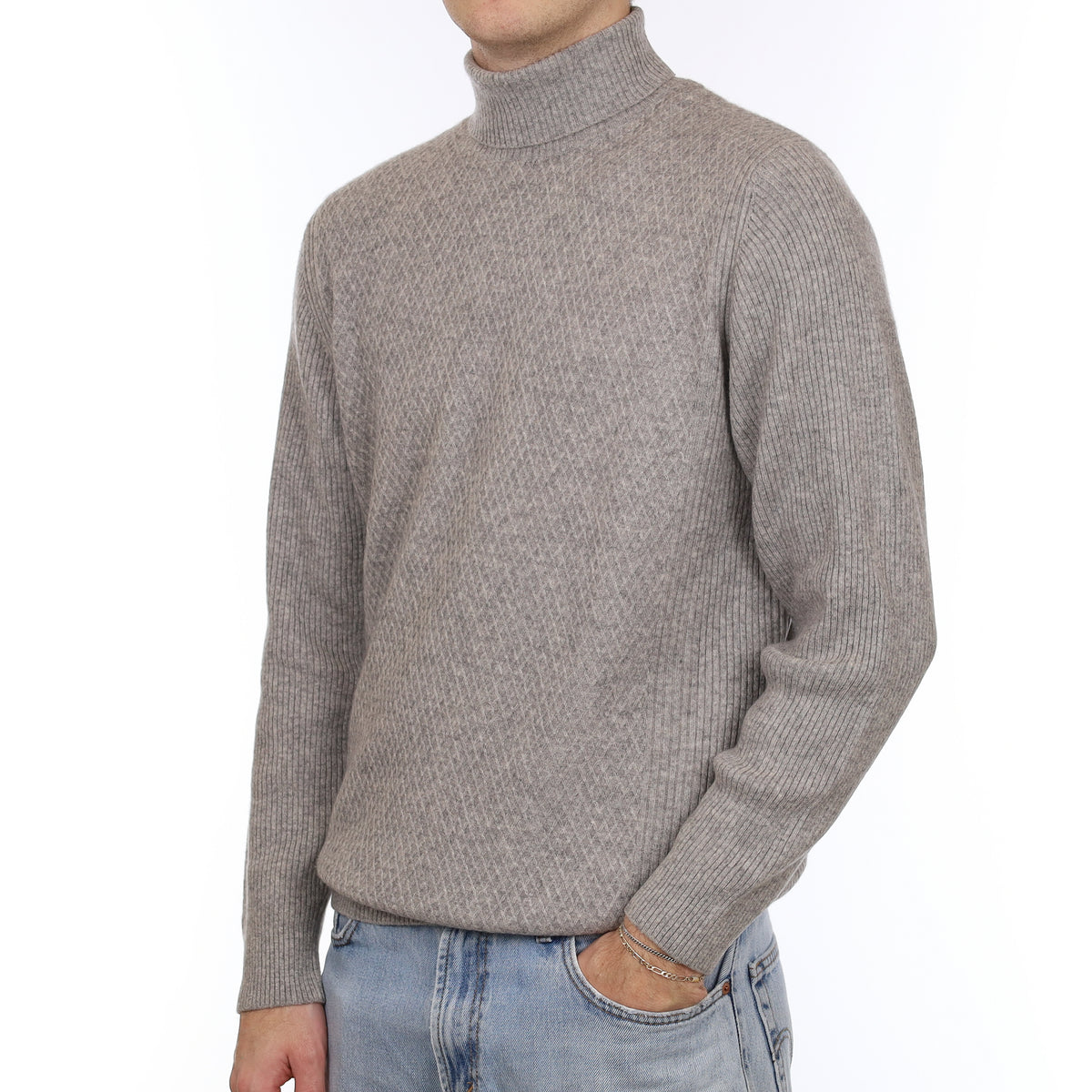 Men's Smoke Grey Textured Cashmere Polo Neck Jumper Large