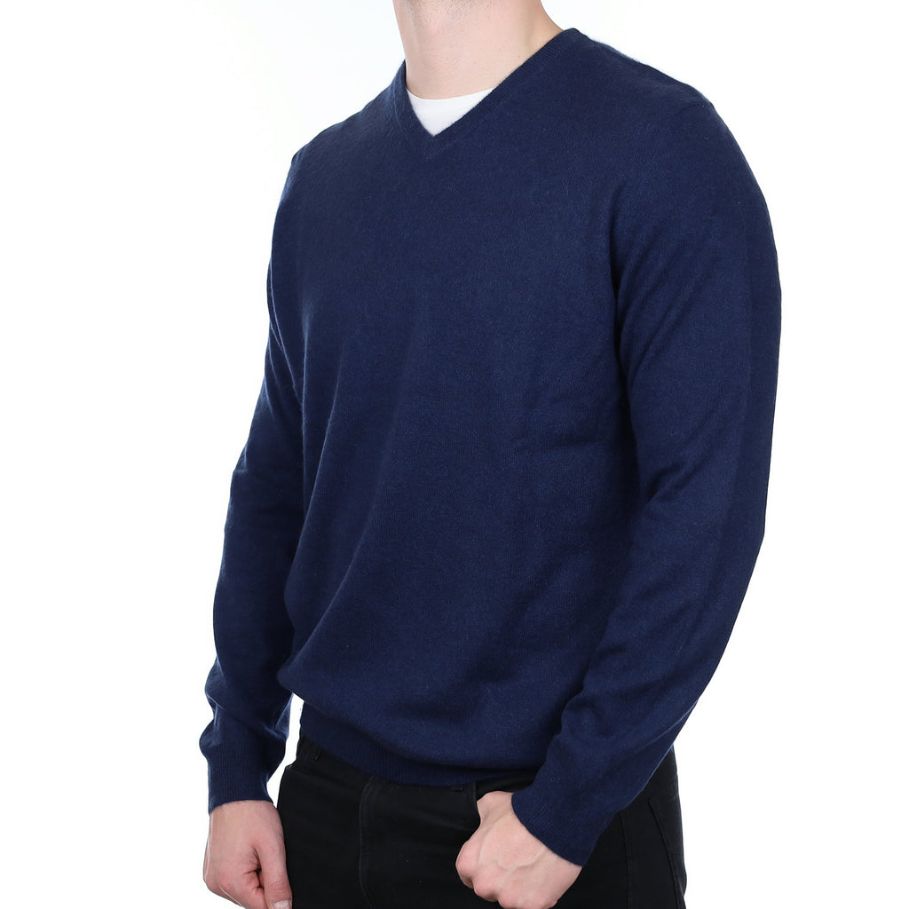 Men’s Navy Blue Cashmere V Neck Jumper Extra Large
