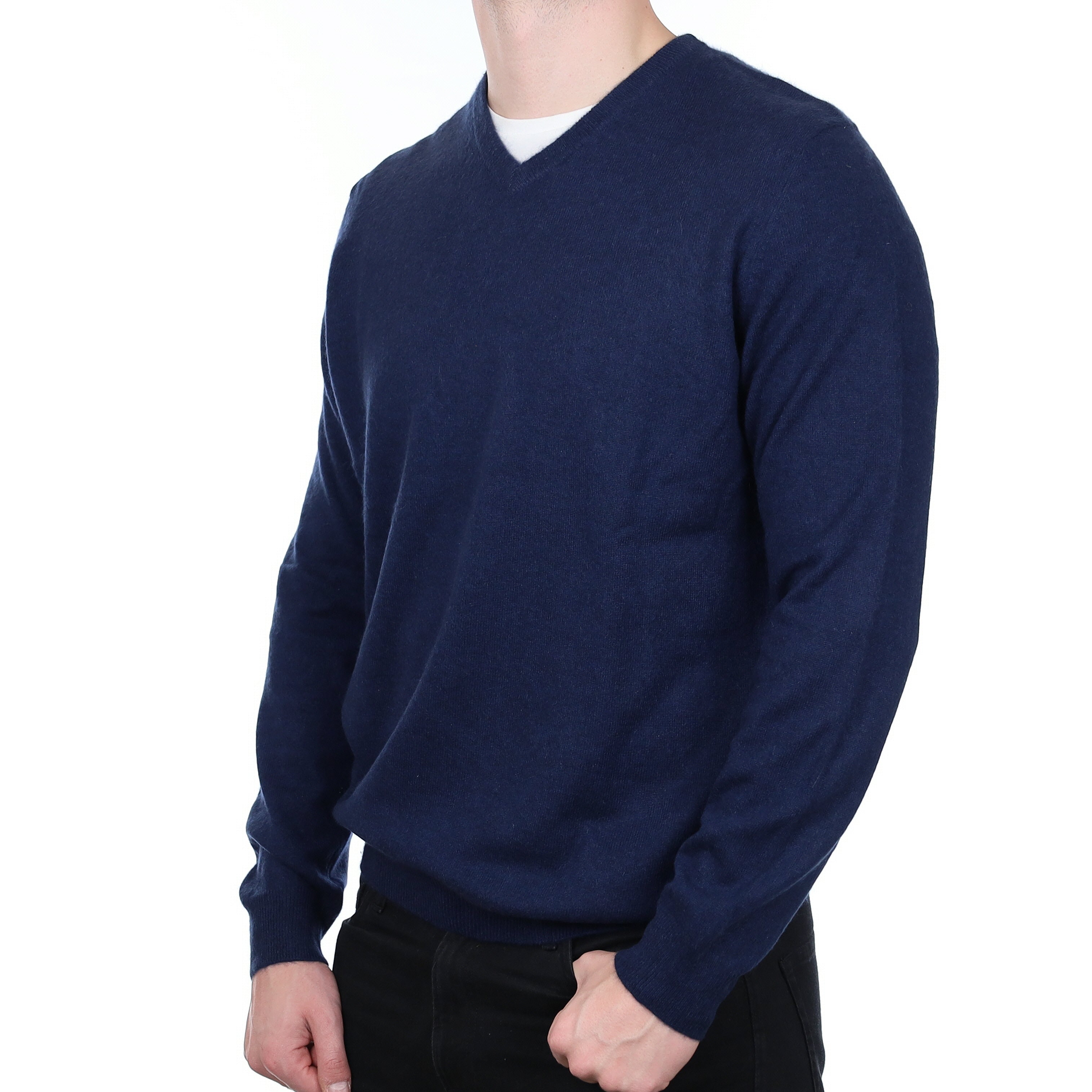 Men’s Navy Blue Cashmere V Neck Jumper Extra Large