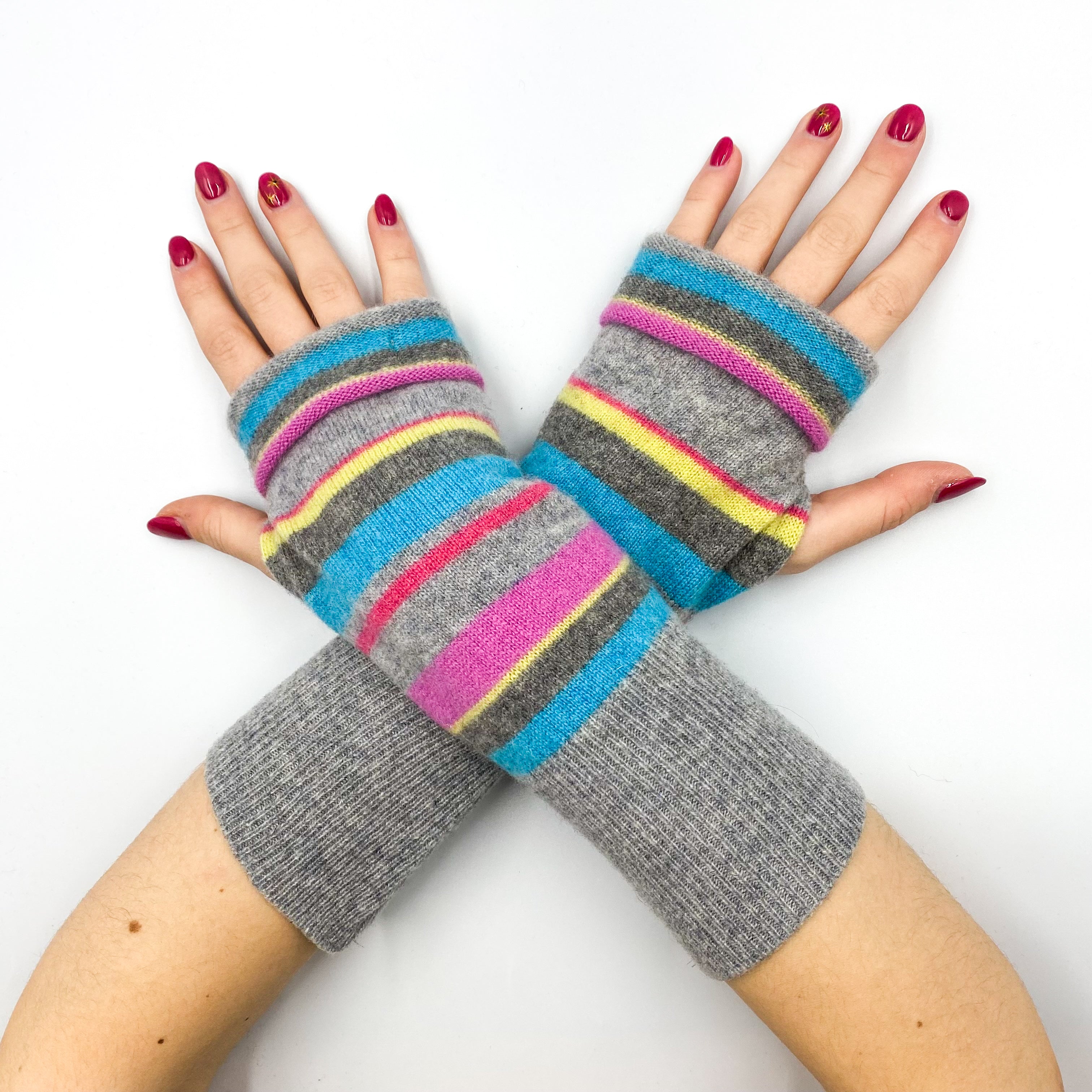 Grey Multicolour Stripe Fingerless Gloves
