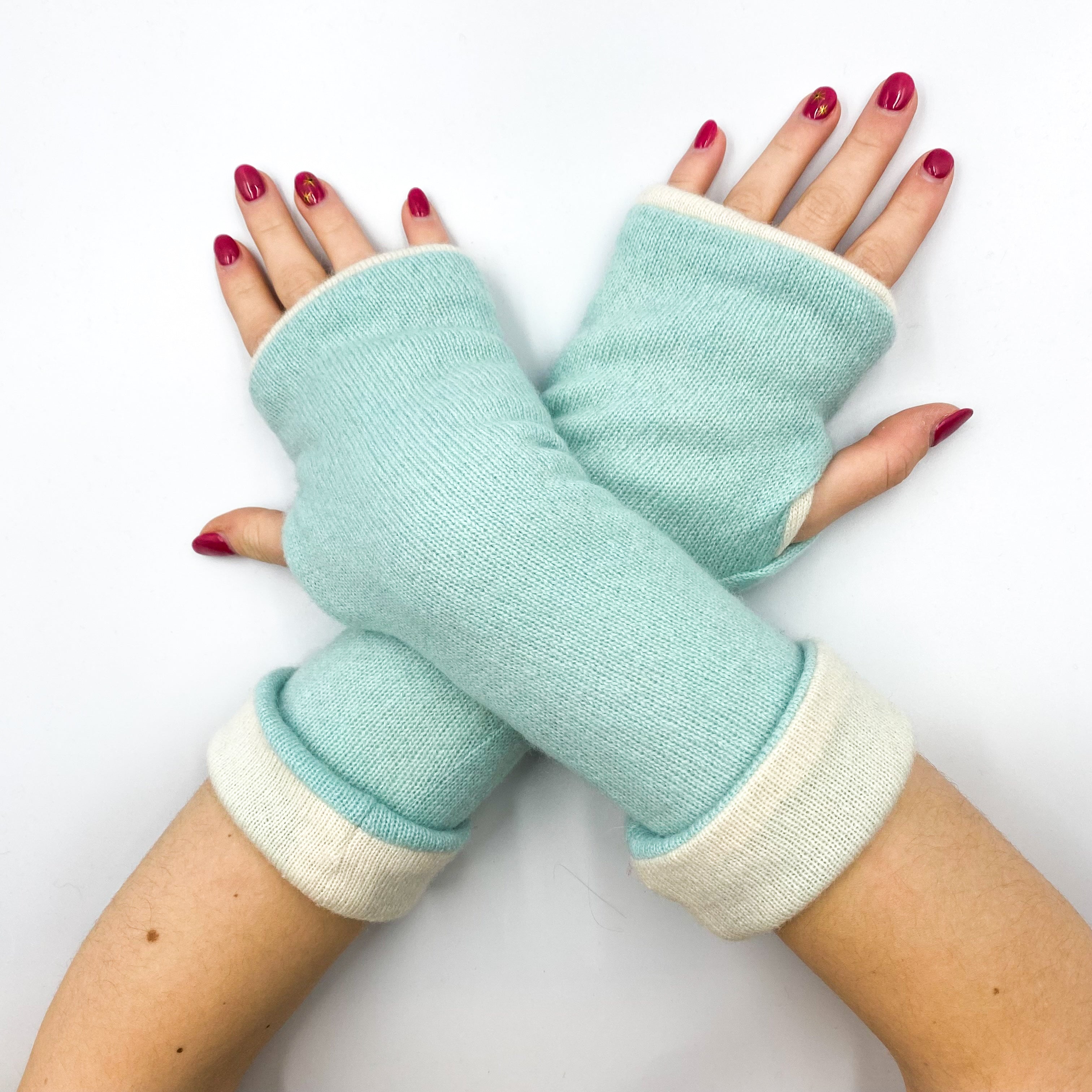 Mint and Cream Luxury Reversible Cashmere Fingerless Gloves