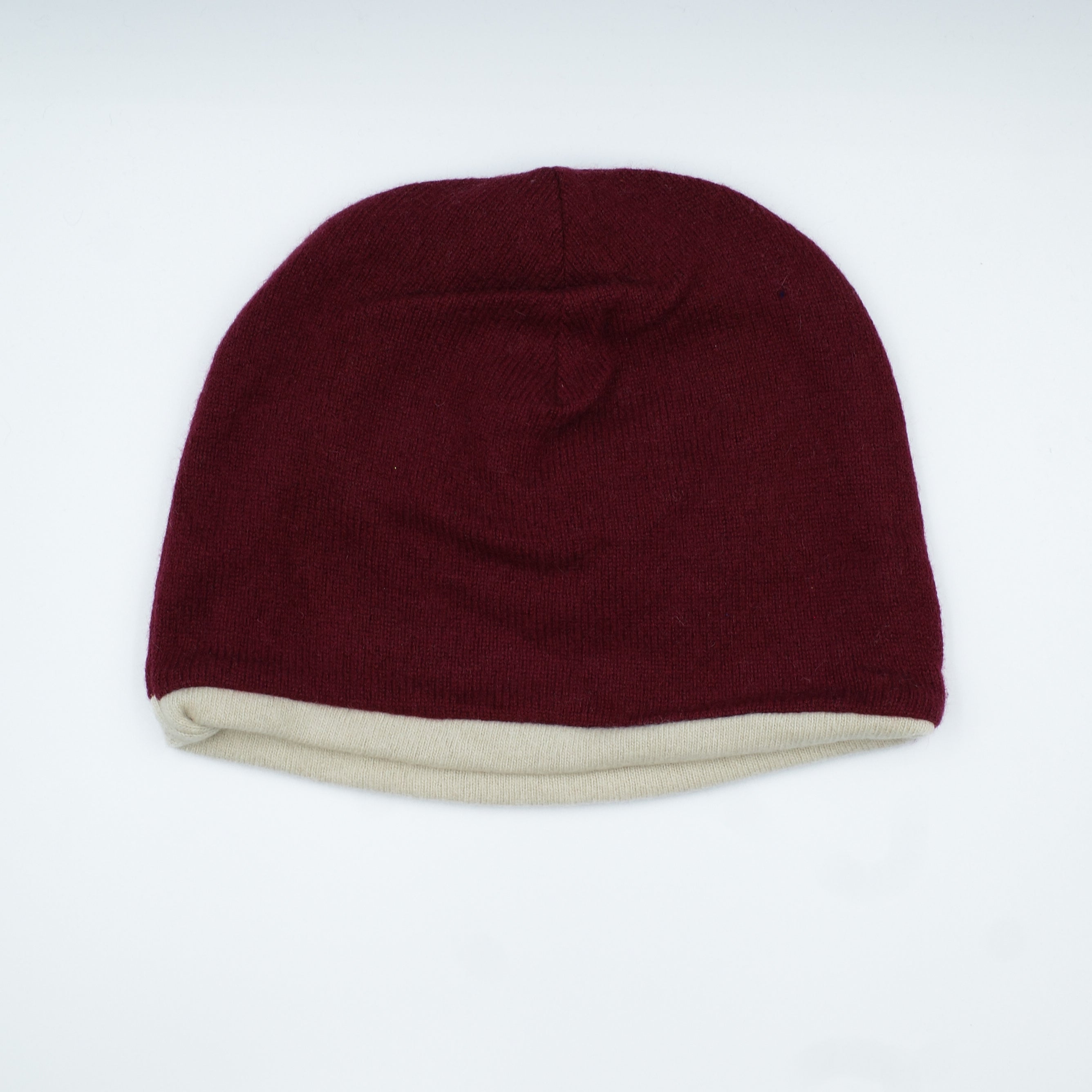 Maroon Red and Honey Beige Cashmere Beanie Hat