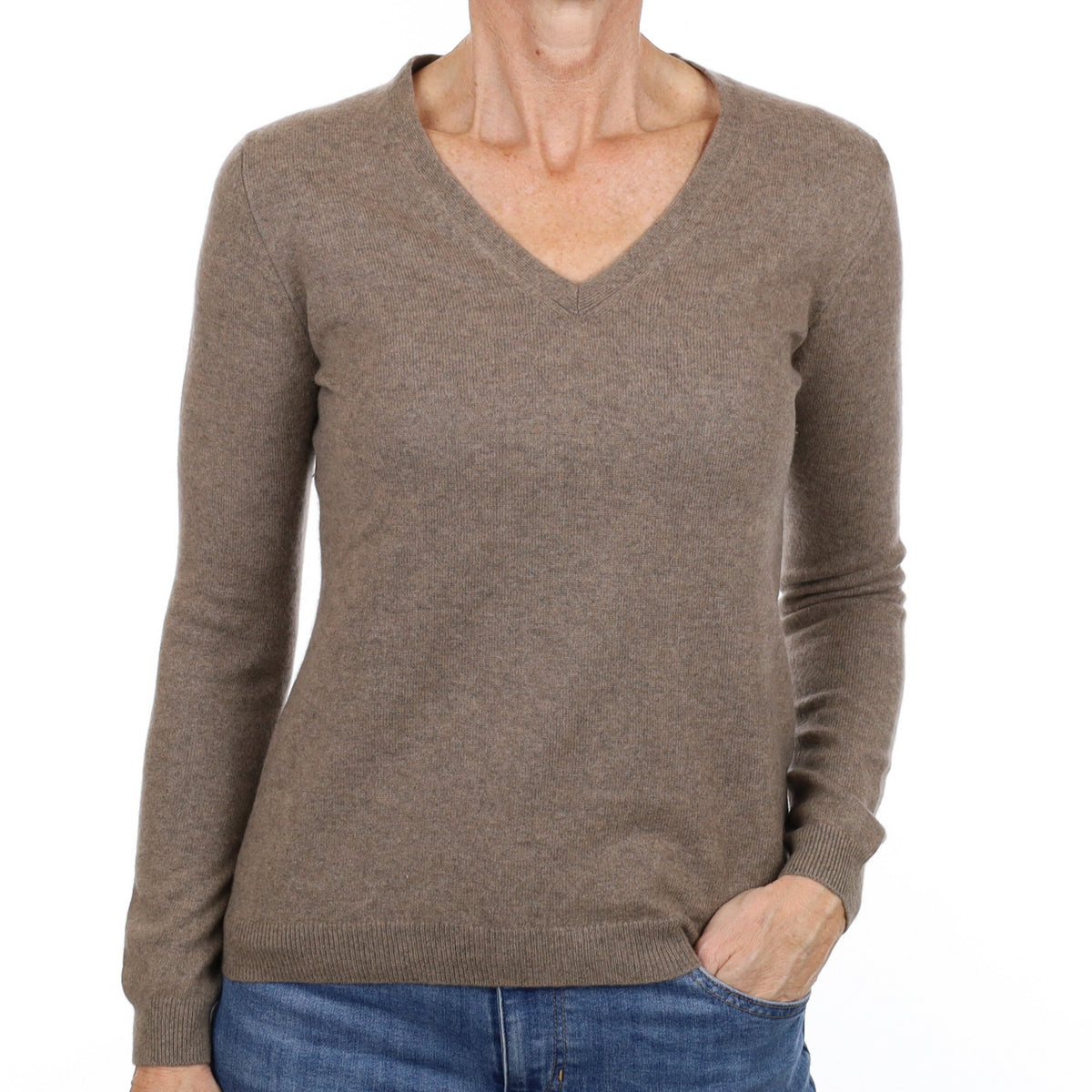 Mocha Brown Cashmere V Neck Jumper Small