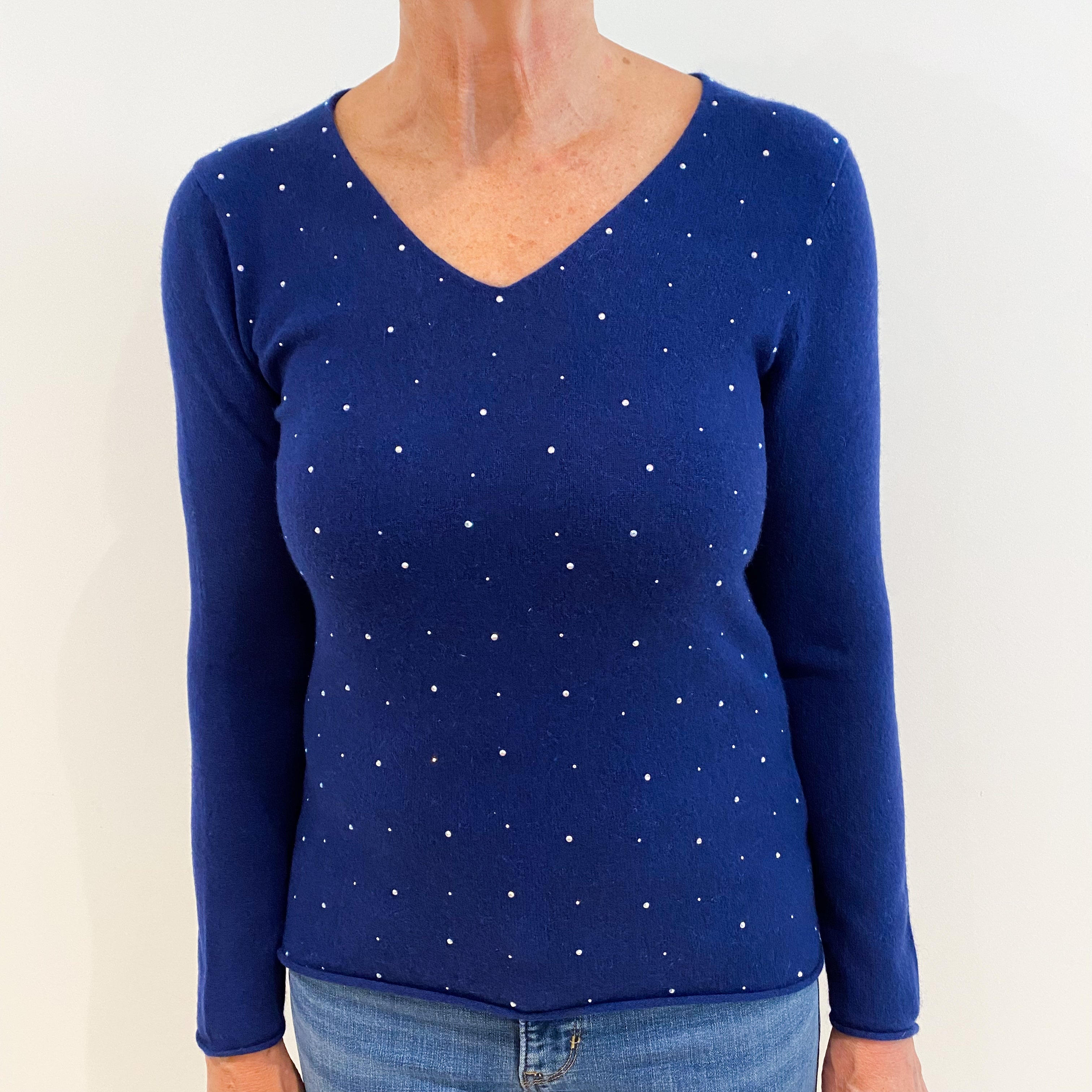 French Navy Sequinned Cashmere V-Neck Jumper Medium