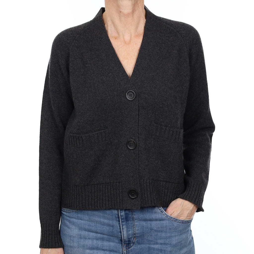 Brand New Scottish Charcoal Grey Chunky Knit Cashmere V Neck Cardigan Small