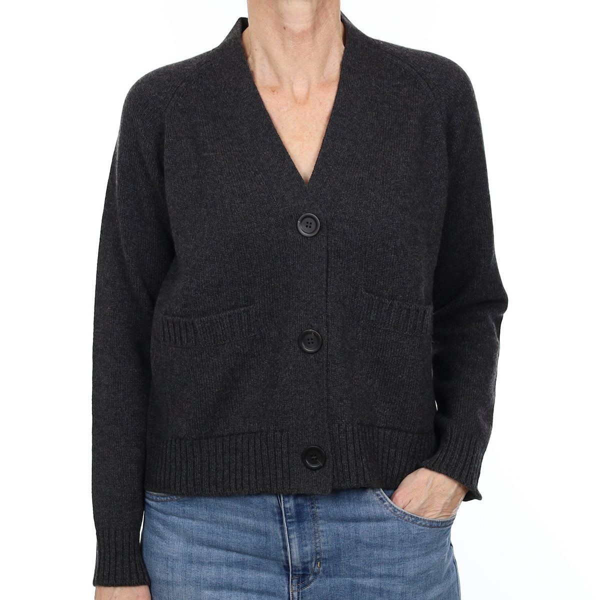 Brand New Scottish Charcoal Grey Chunky Knit Cashmere V Neck Cardigan Small