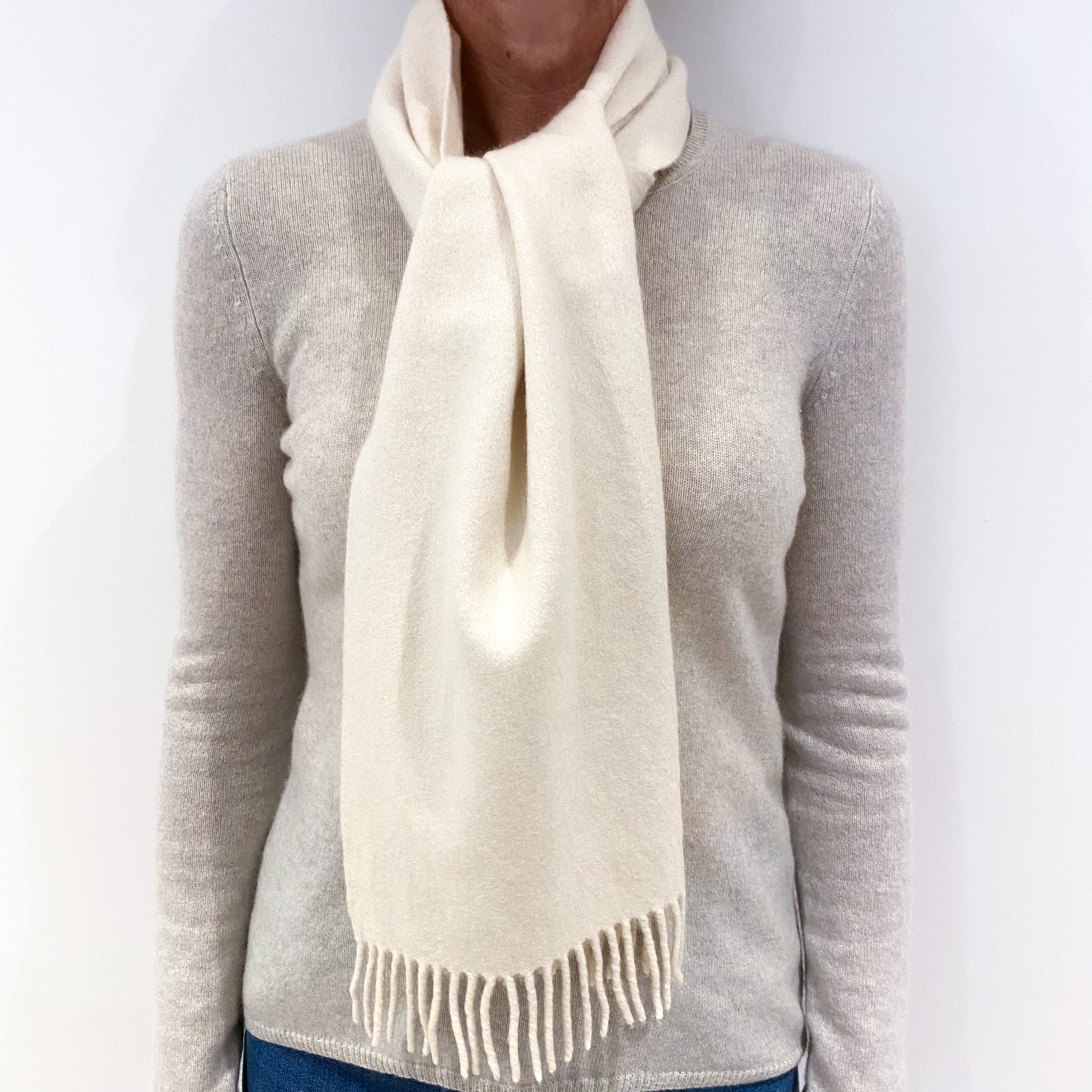 Cream Cashmere Fringed Woven Scarf