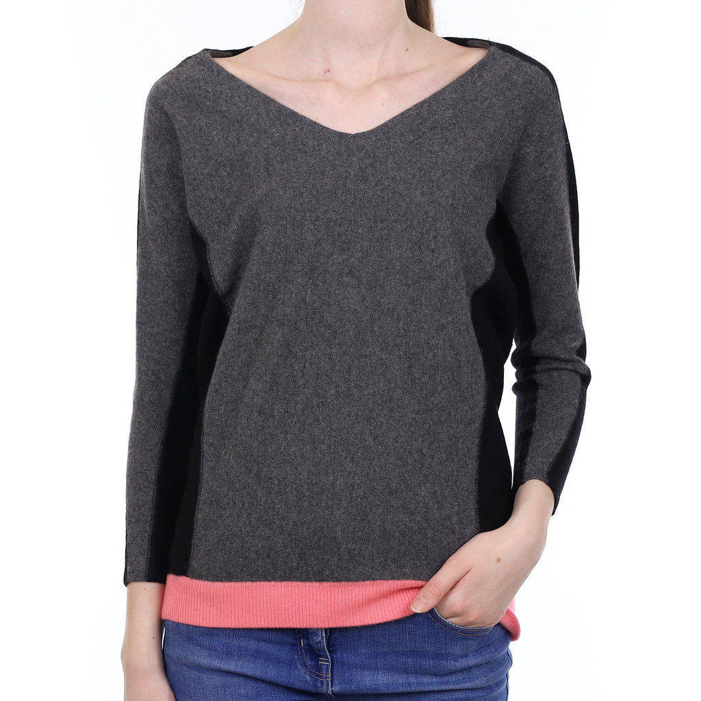 Grey Colour Block Cashmere V Neck Jumper Extra Small