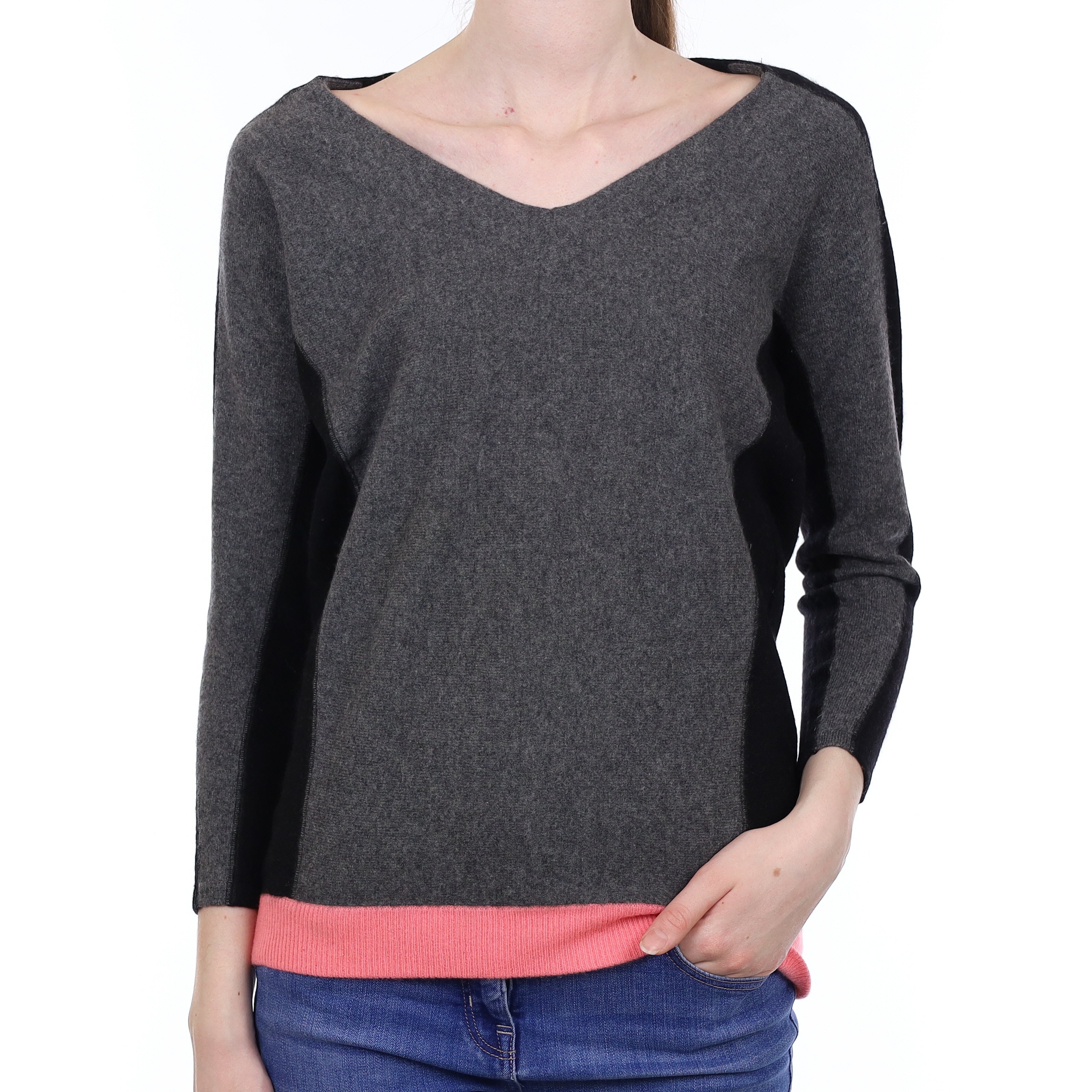 Grey Colour Block Cashmere V Neck Jumper Extra Small