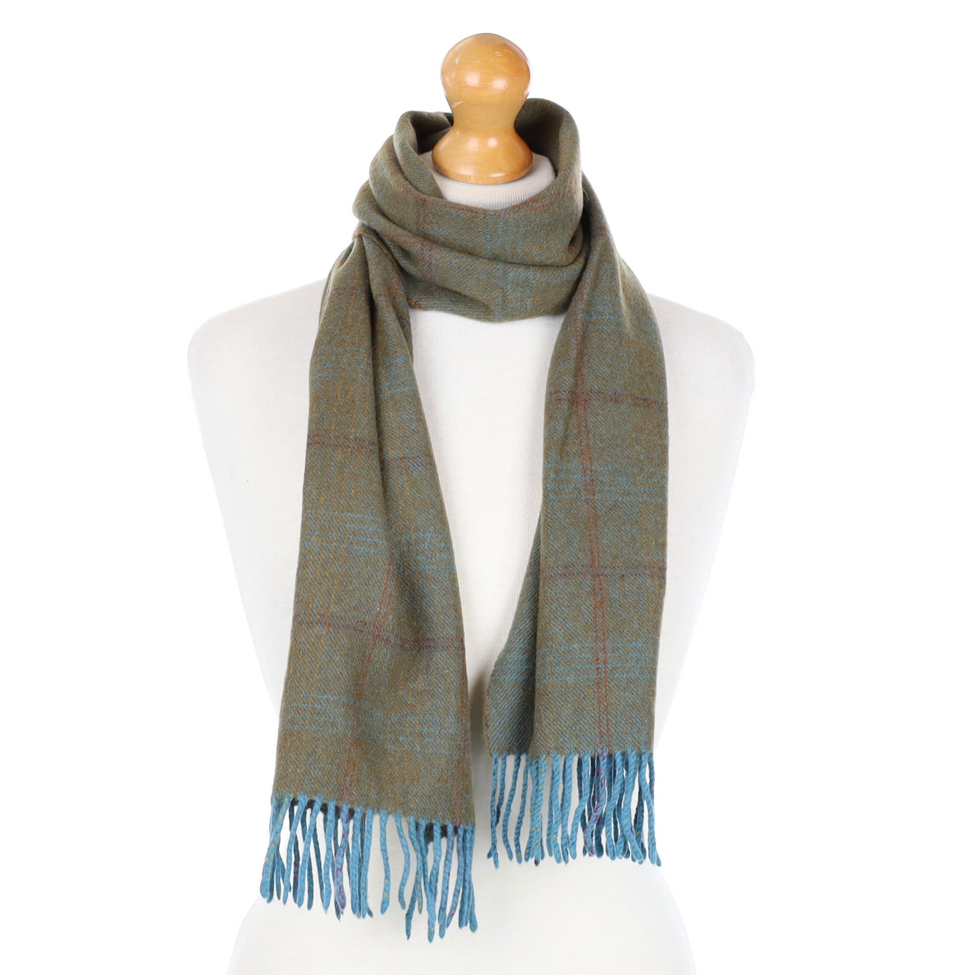 Khaki and Aqua Cashmere Fringed Woven Scarf