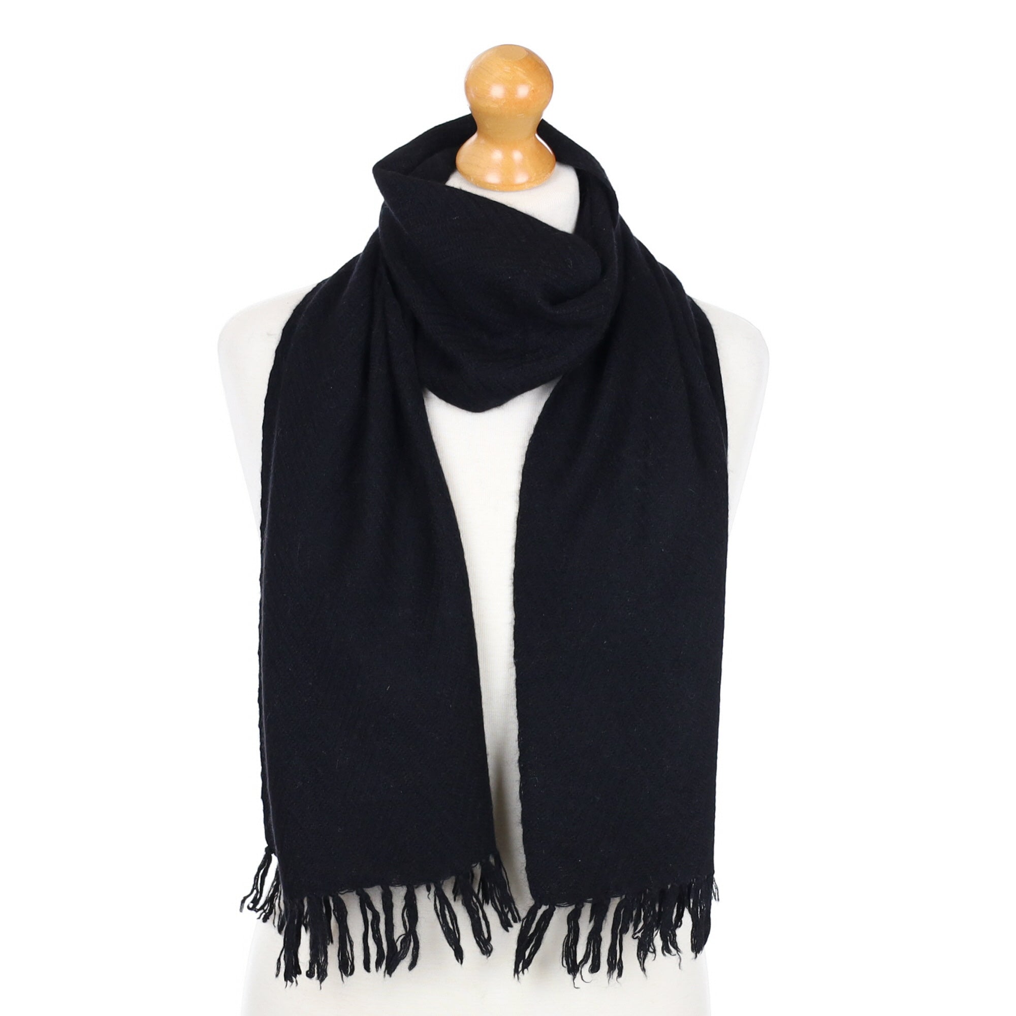 Black Herringbone Weave Fringed Cashmere Woven Scarf
