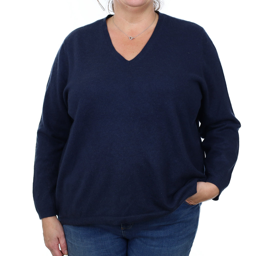 Navy Blue Cashmere Boxy V Neck Jumper XXXL
