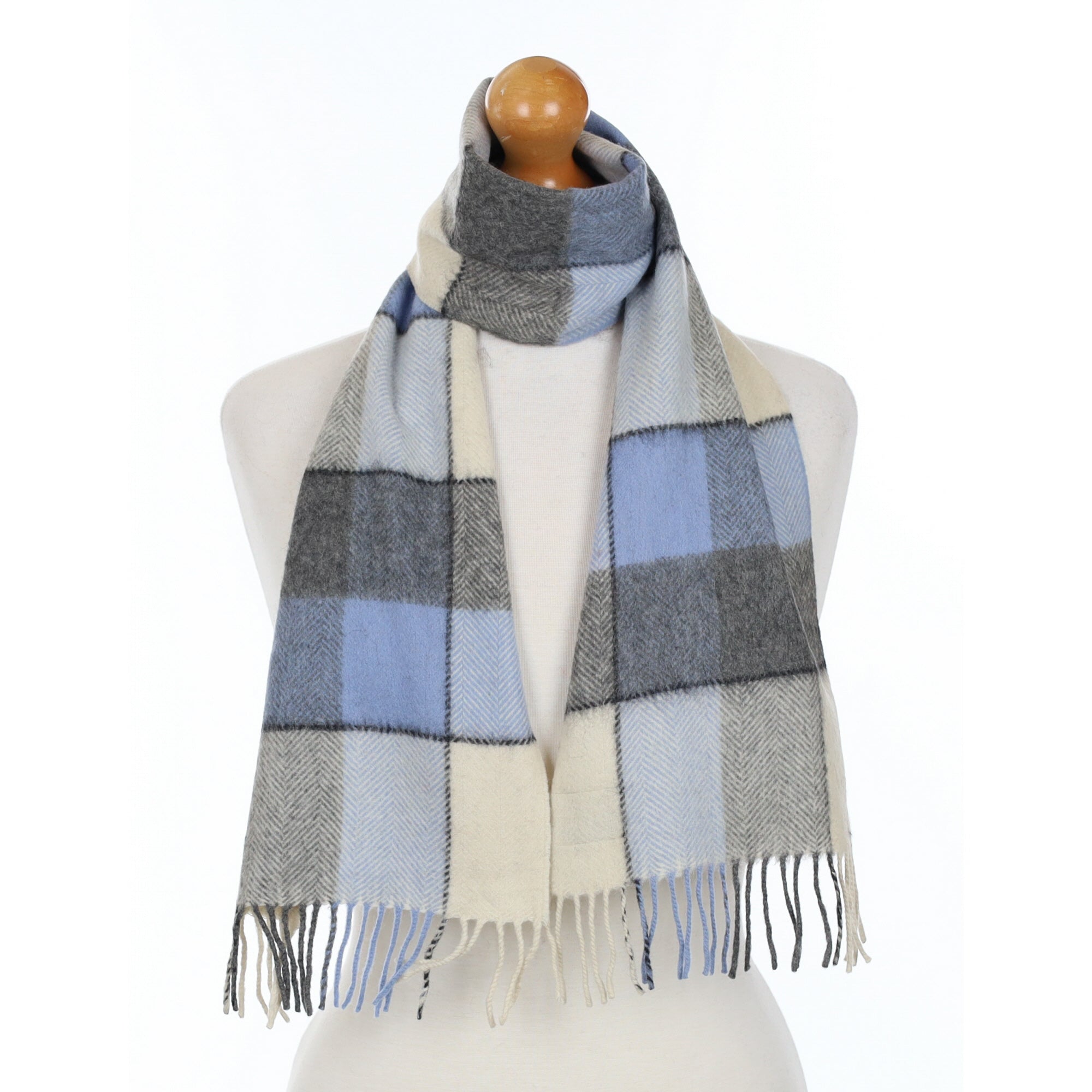 Sky Blue and Grey Checked Cashmere Fringed Woven Scarf