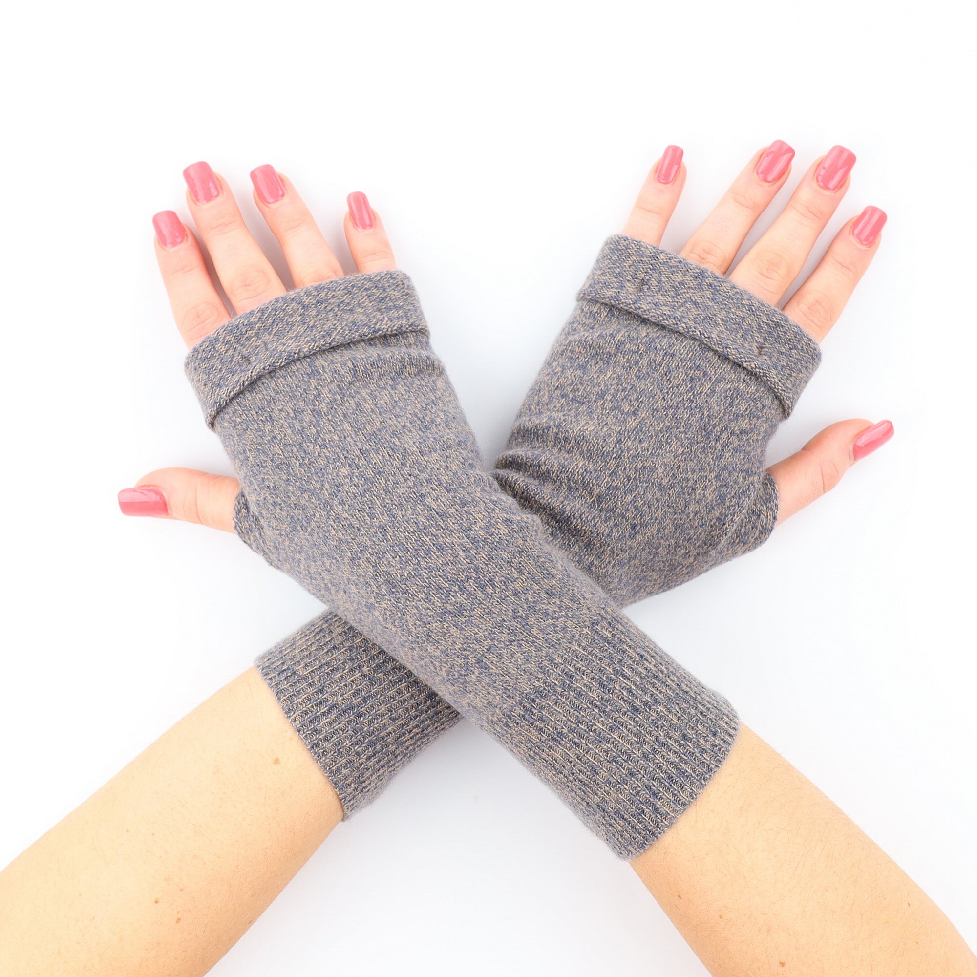Beige and Blue Marl Fingerless Gloves
