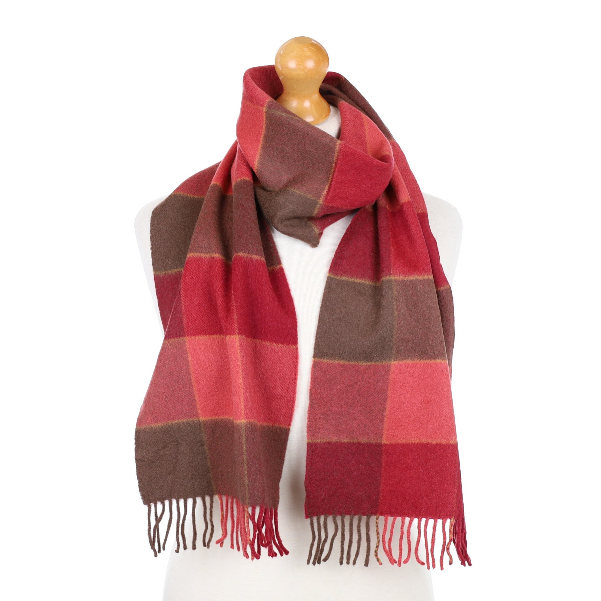 Pink and Brown Checked Fringed Cashmere Woven Scarf
