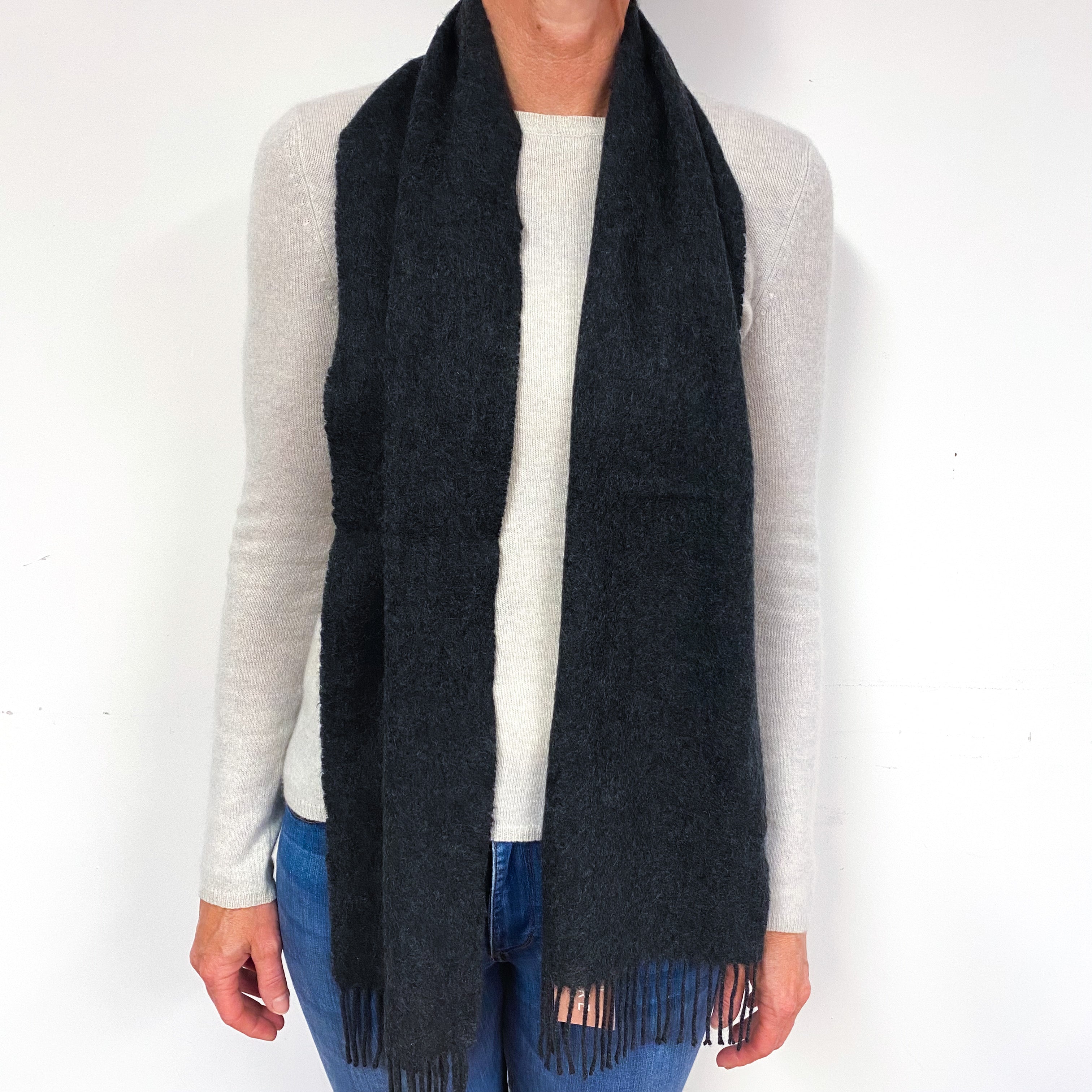 Charcoal Grey Fringed Cashmere Woven Scarf