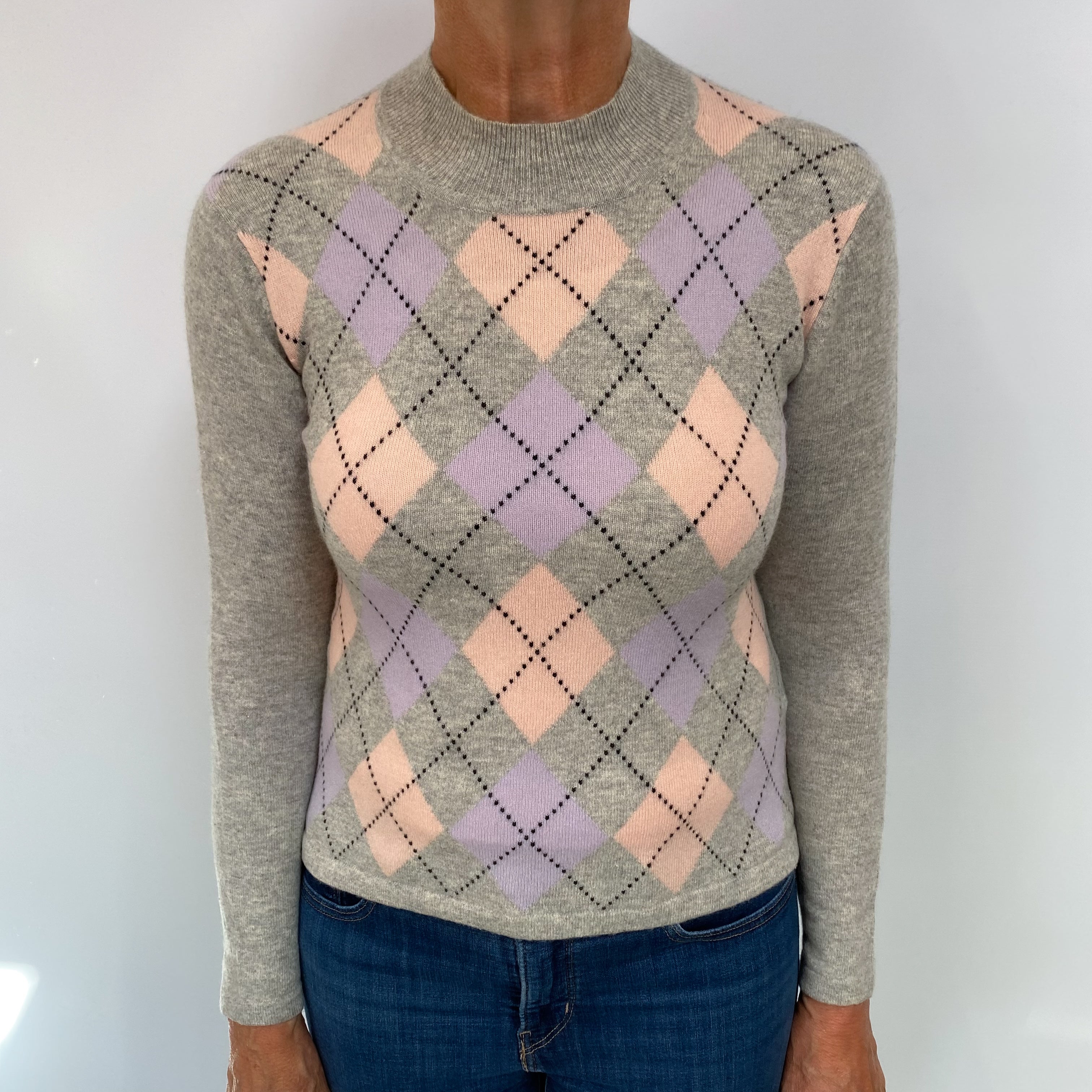 Grey and Pink Diamond Cashmere Turtle Neck Jumper Medium