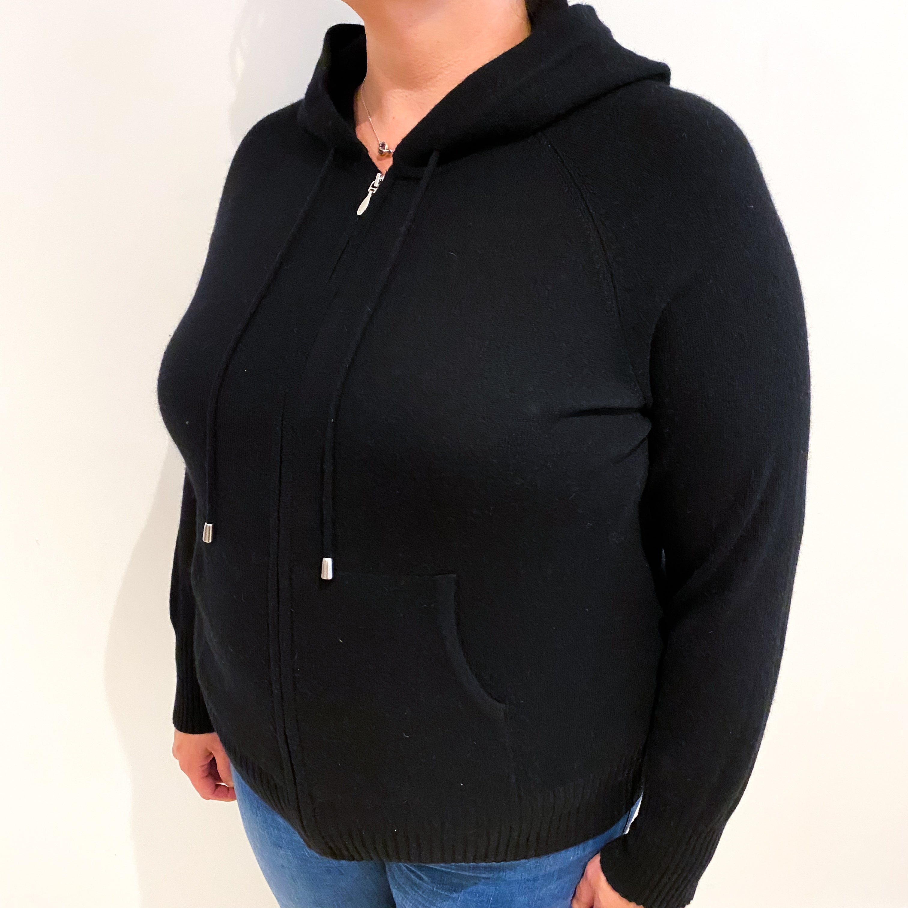 Black Cashmere Zip Up Hoodie Jumper with Pockets Extra Large