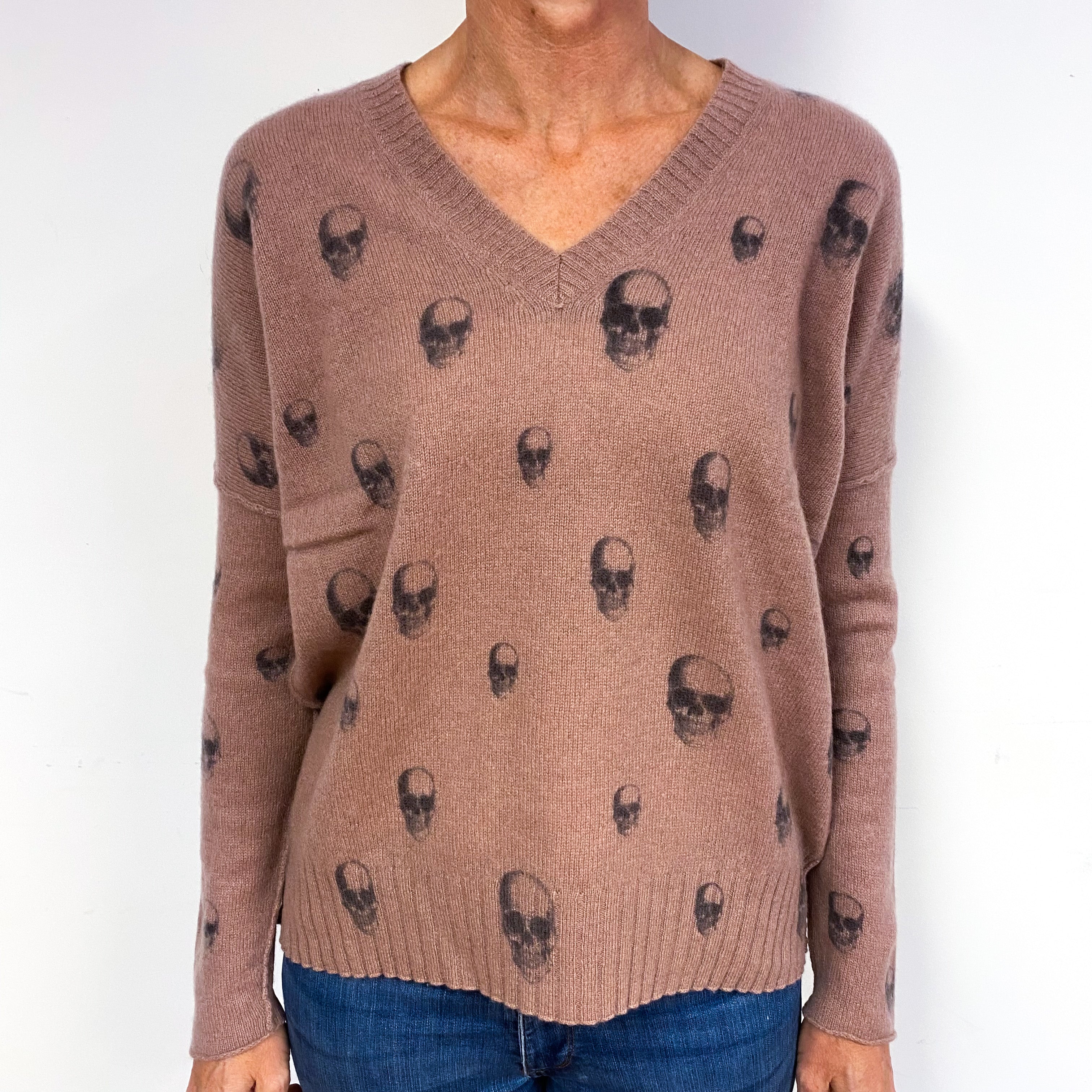 Heather Pink Skull Pattern Cashmere Batwing V-Neck Jumper Medium