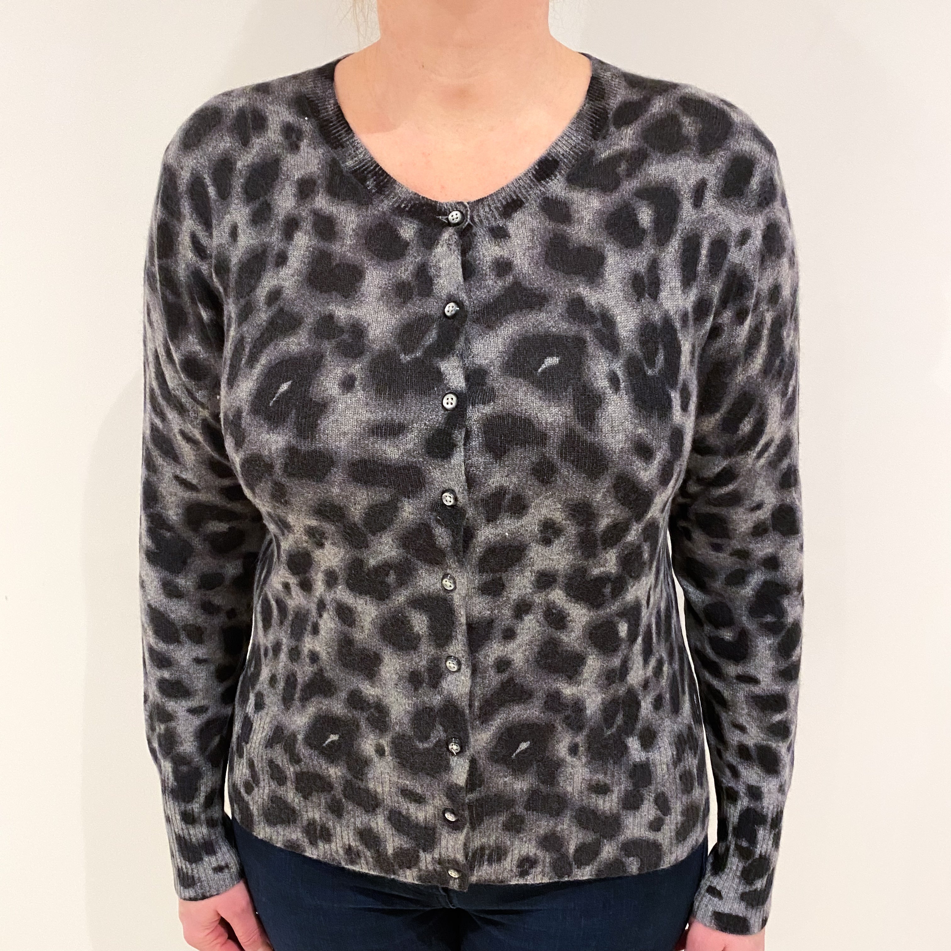 Grey Leopard Print Cashmere Crew Neck Cardigan Large