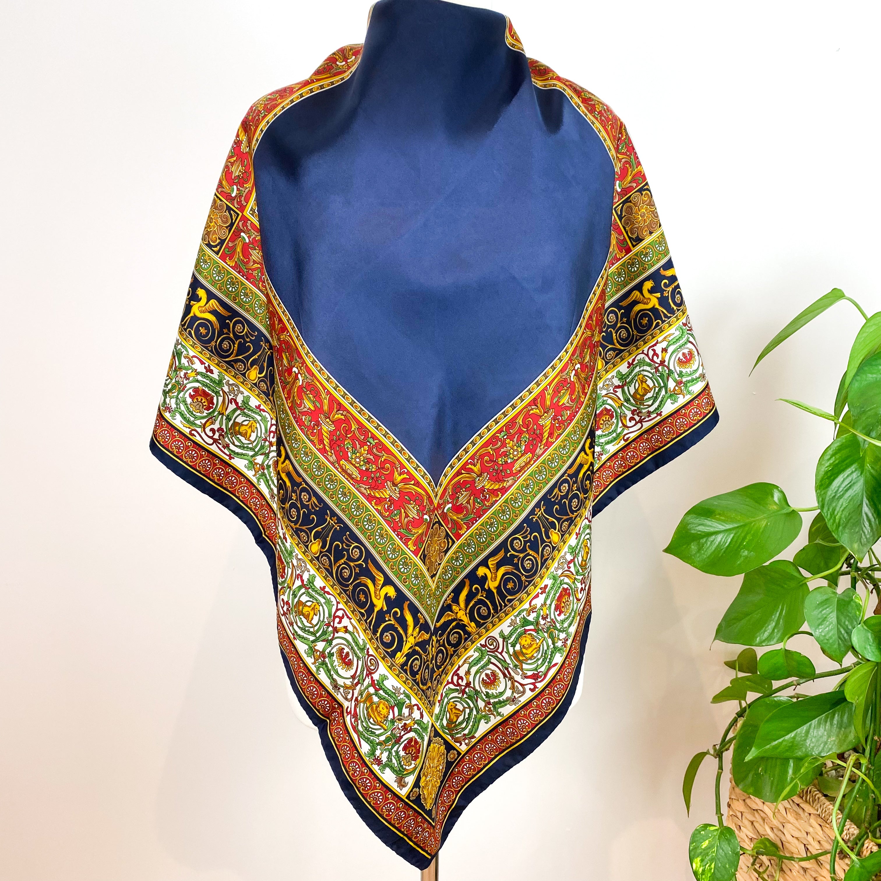 British Made Large Blue Red & Green Silk Scarf