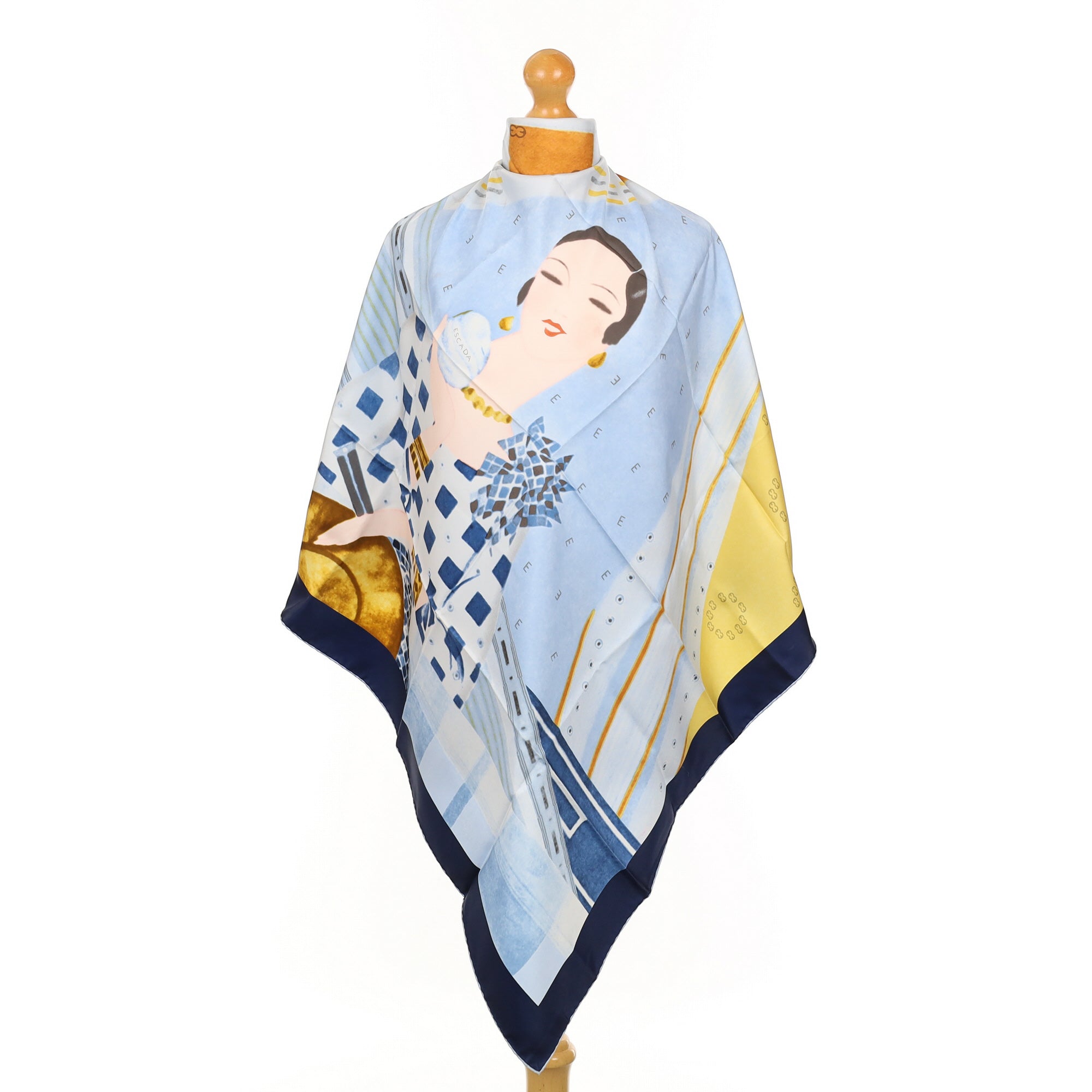 Escada Blue and Yellow Portrait Silk Scarf