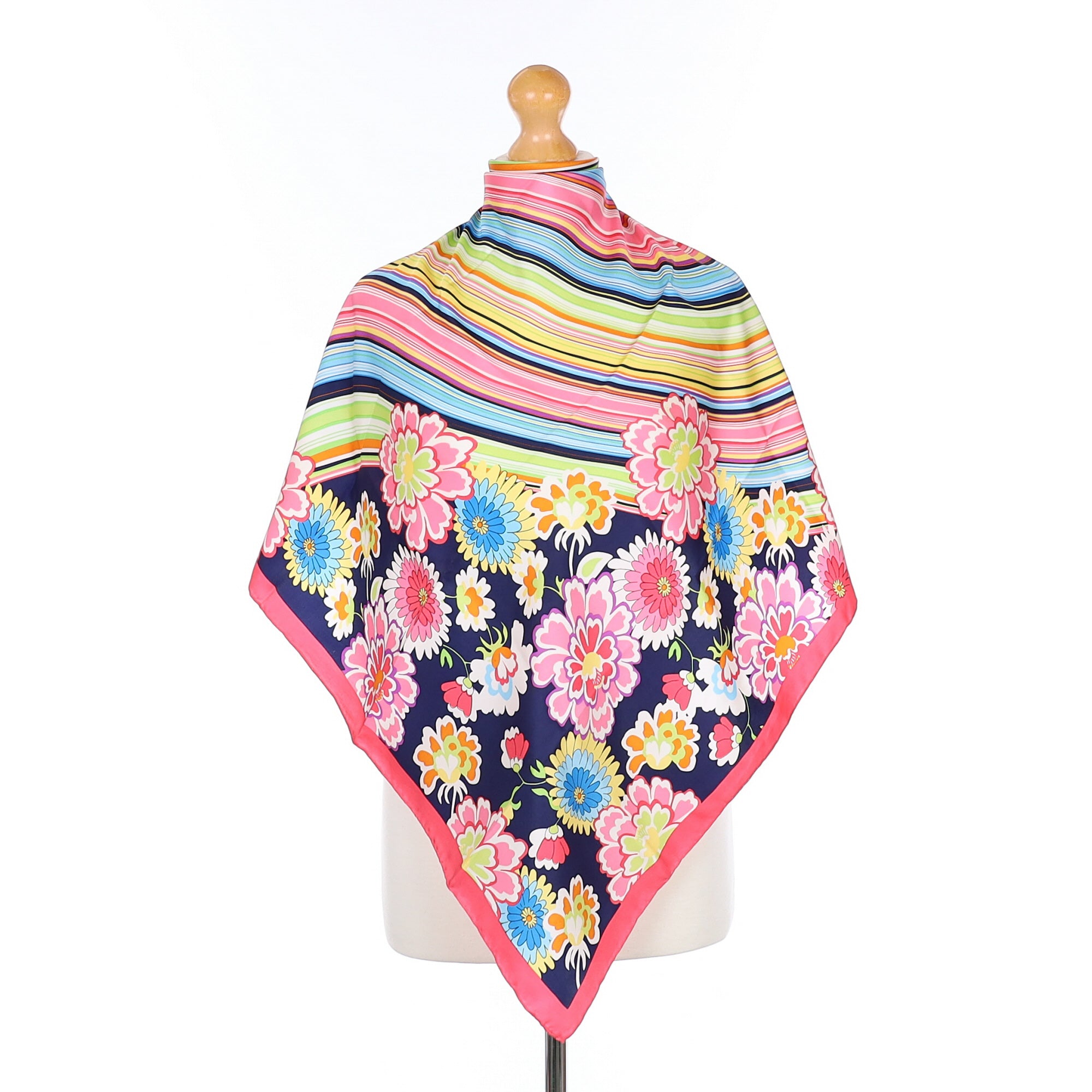 Colourful Floral And Striped Silk Scarf