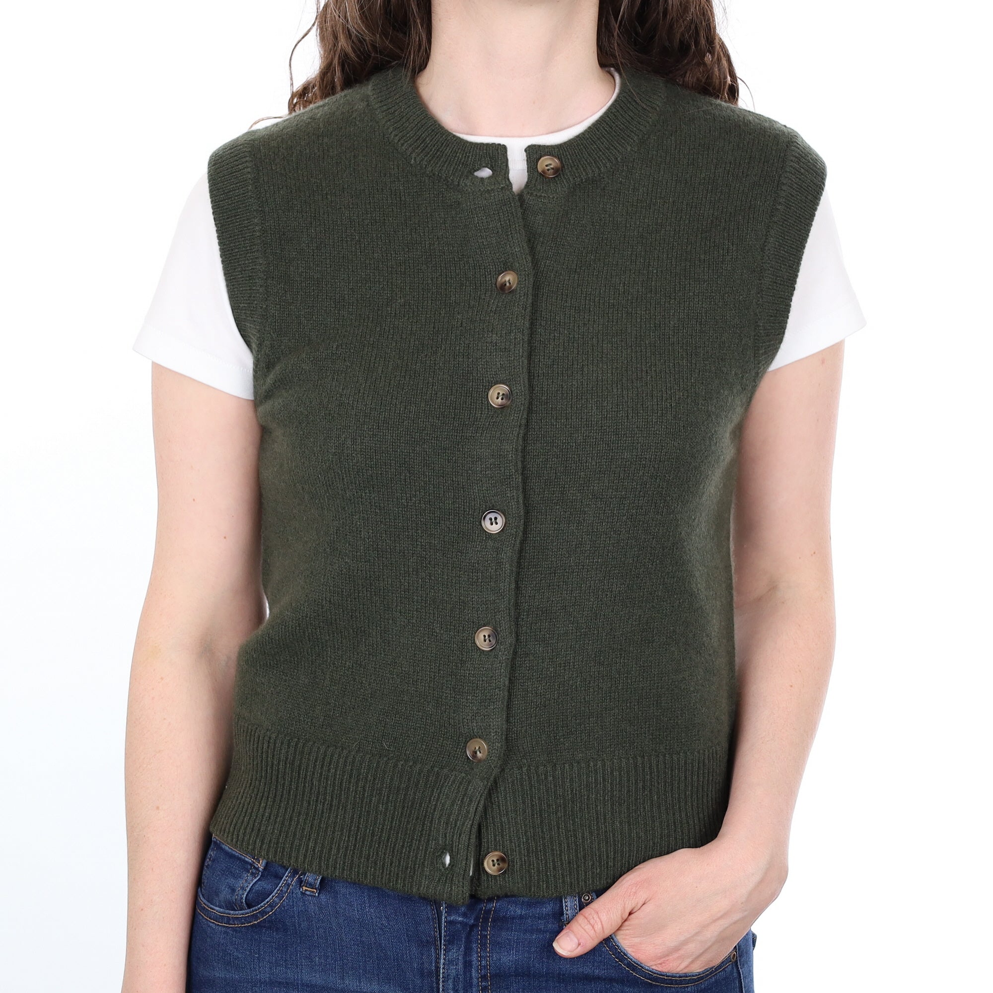 Brand New Khaki Luxury Cashmere Crew Neck Waistcoat Small UK 8-10