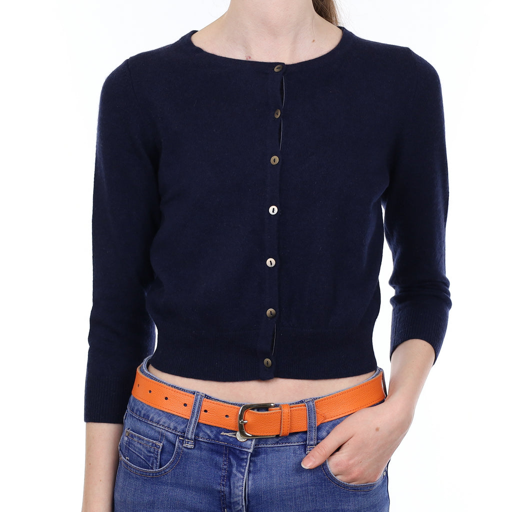 Navy Blue Cashmere Cropped Crew Neck Cardigan Extra Small