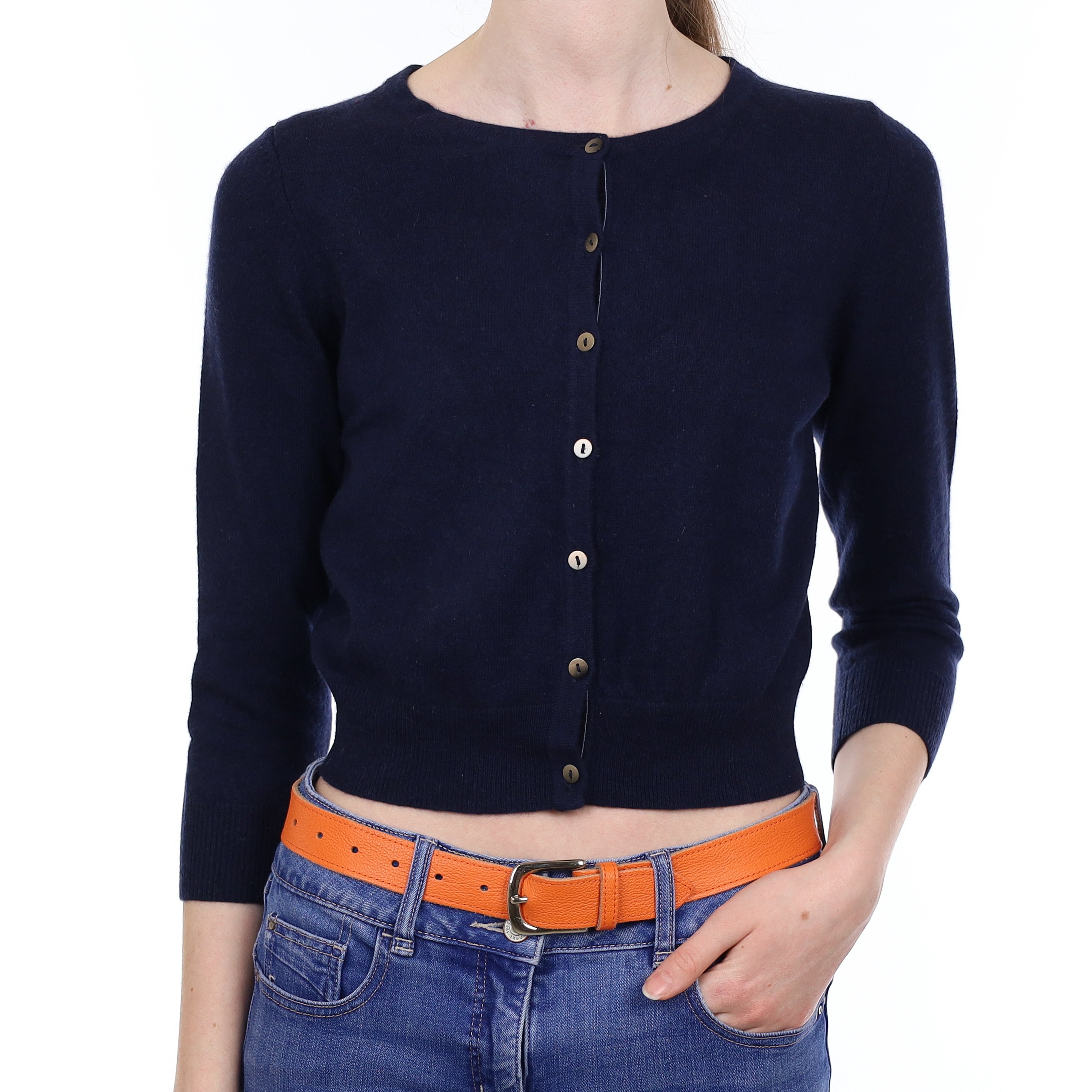 Navy Blue Cashmere Cropped Crew Neck Cardigan Extra Small