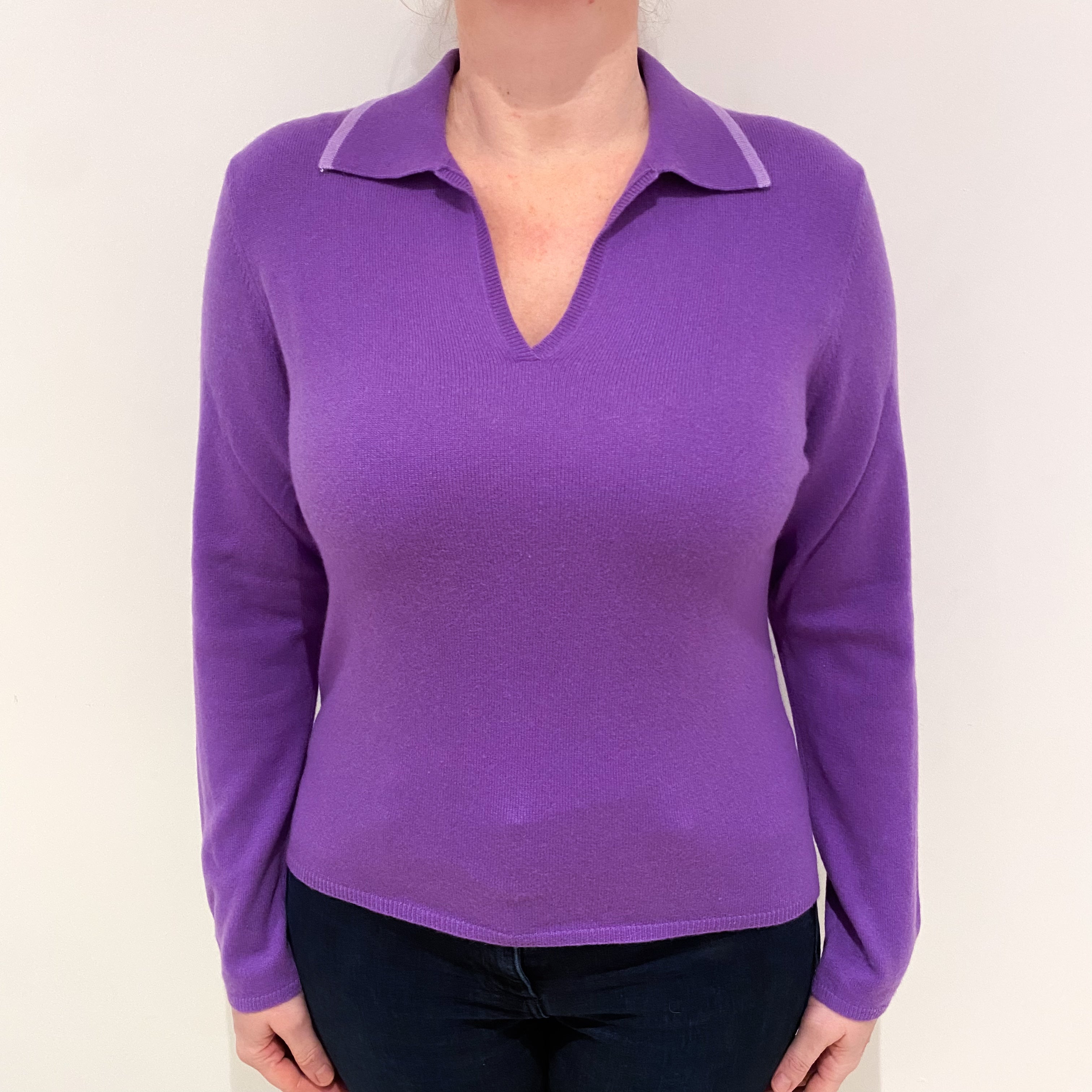 Periwinkle Purple Cashmere Collared V-Neck Jumper Large