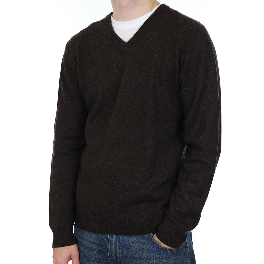 Men’s Peppercorn Brown Cashmere V Neck Jumper Medium