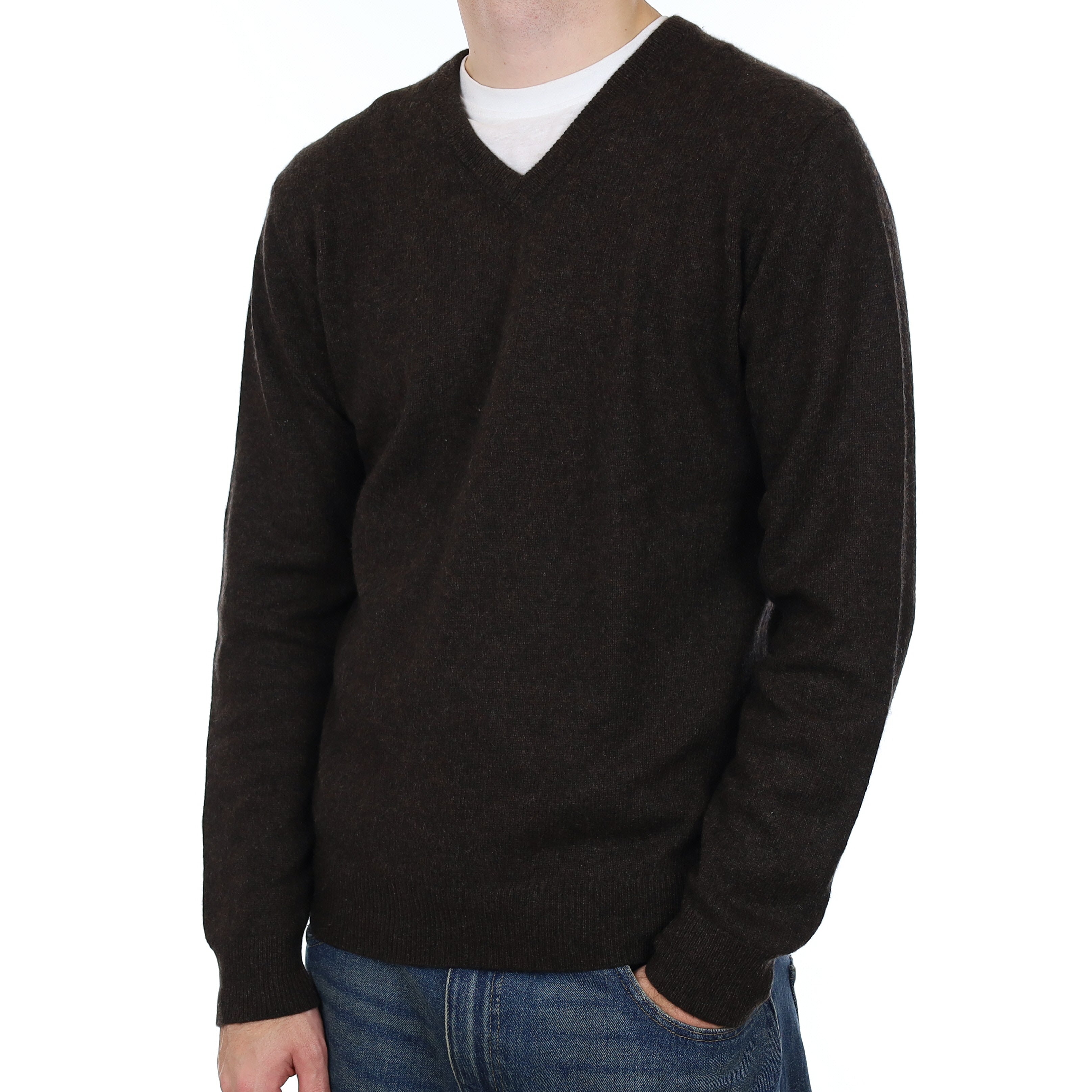 Men’s Peppercorn Brown Cashmere V Neck Jumper Medium