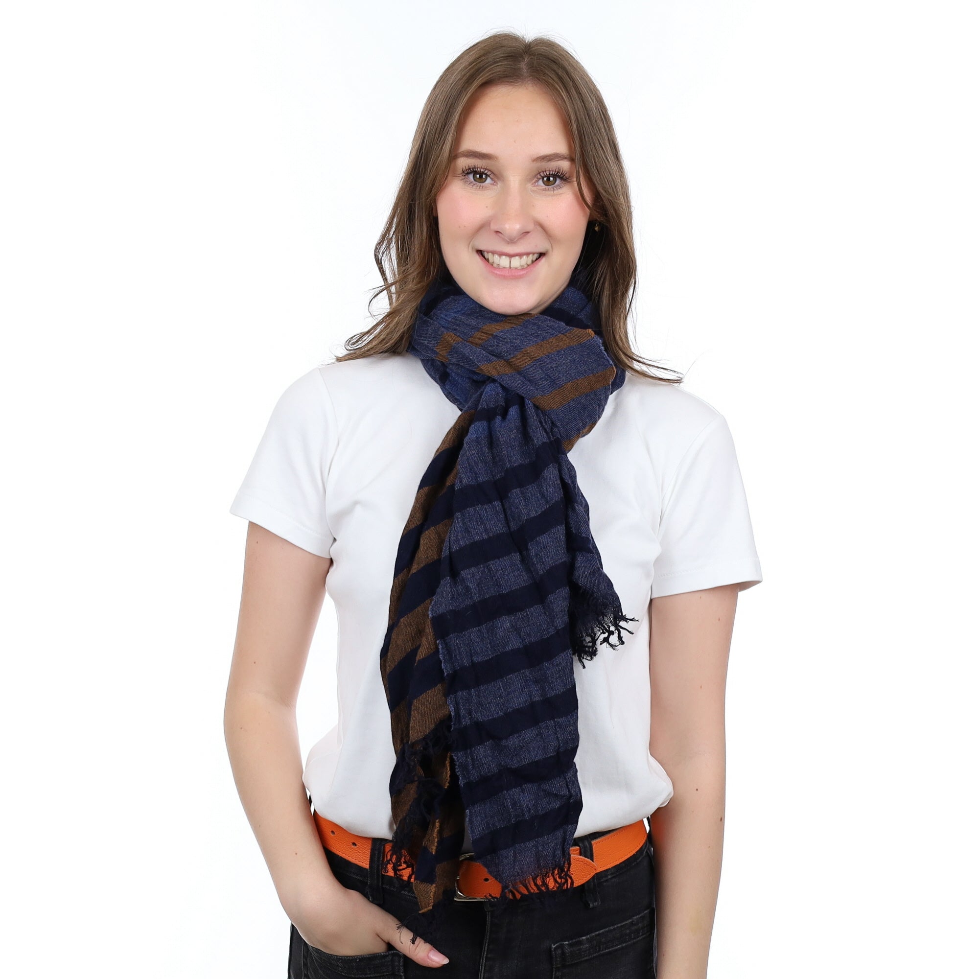 Brand New Scottish Midnight Blue and Chestnut Luxury Woven Cashmere Crinkle Wrap