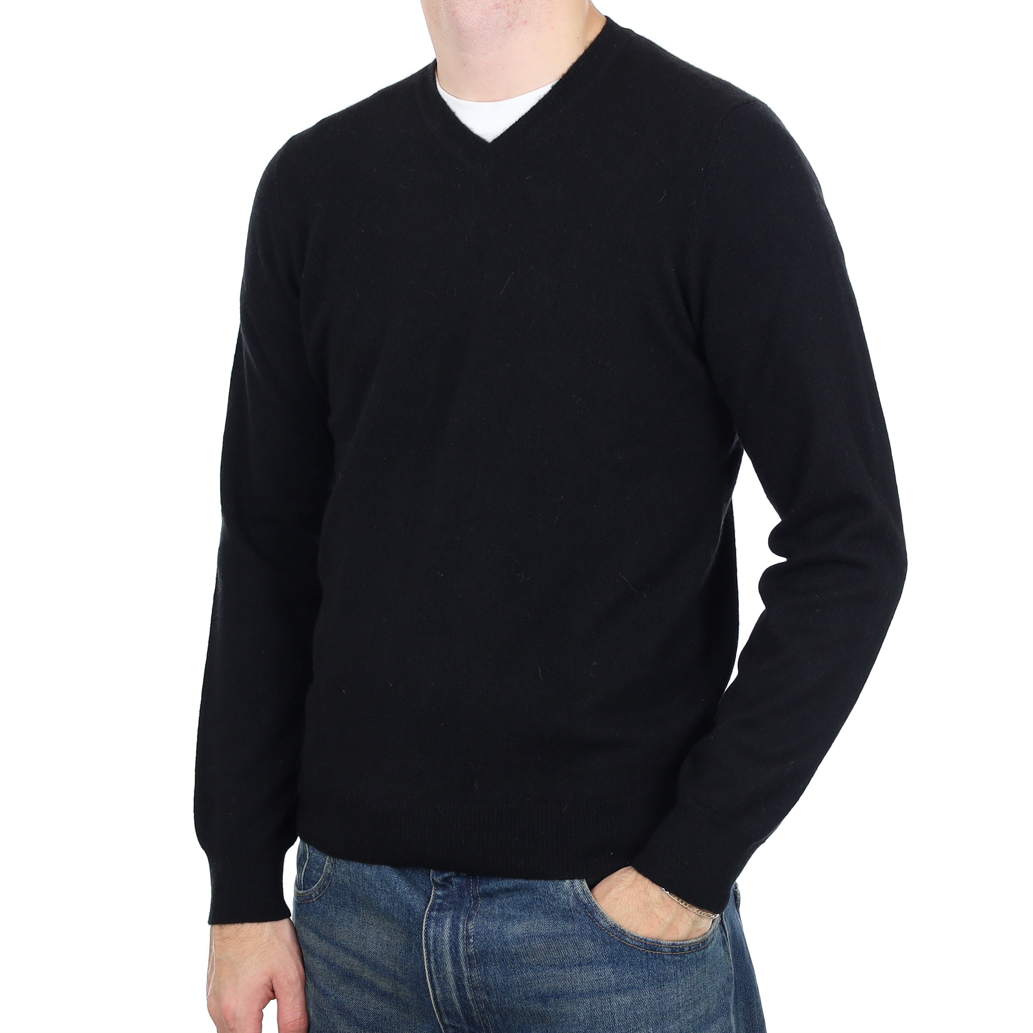 Men’s Black Cashmere V Neck Jumper Large