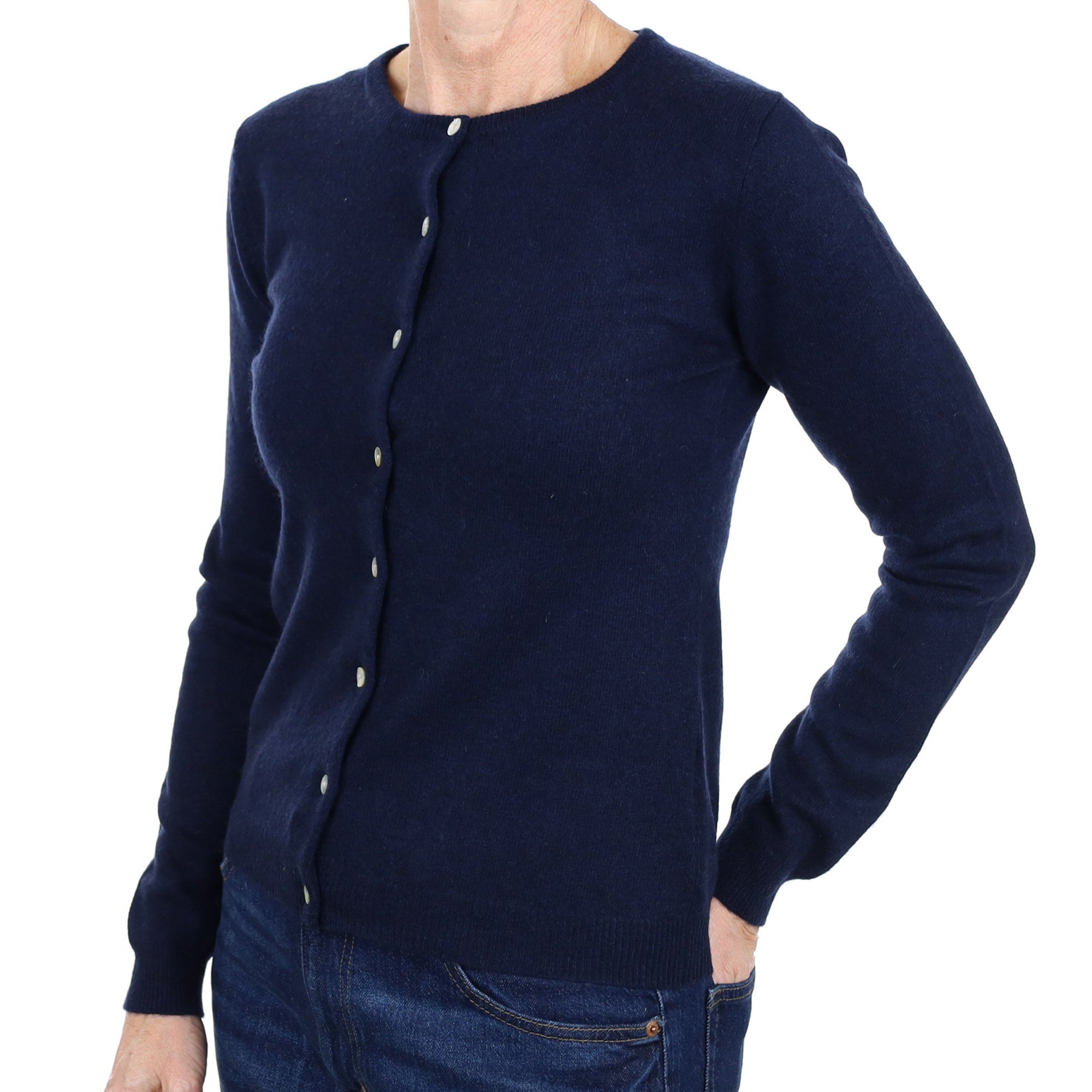 Navy Blue Cashmere Crew Neck Cardigan Small